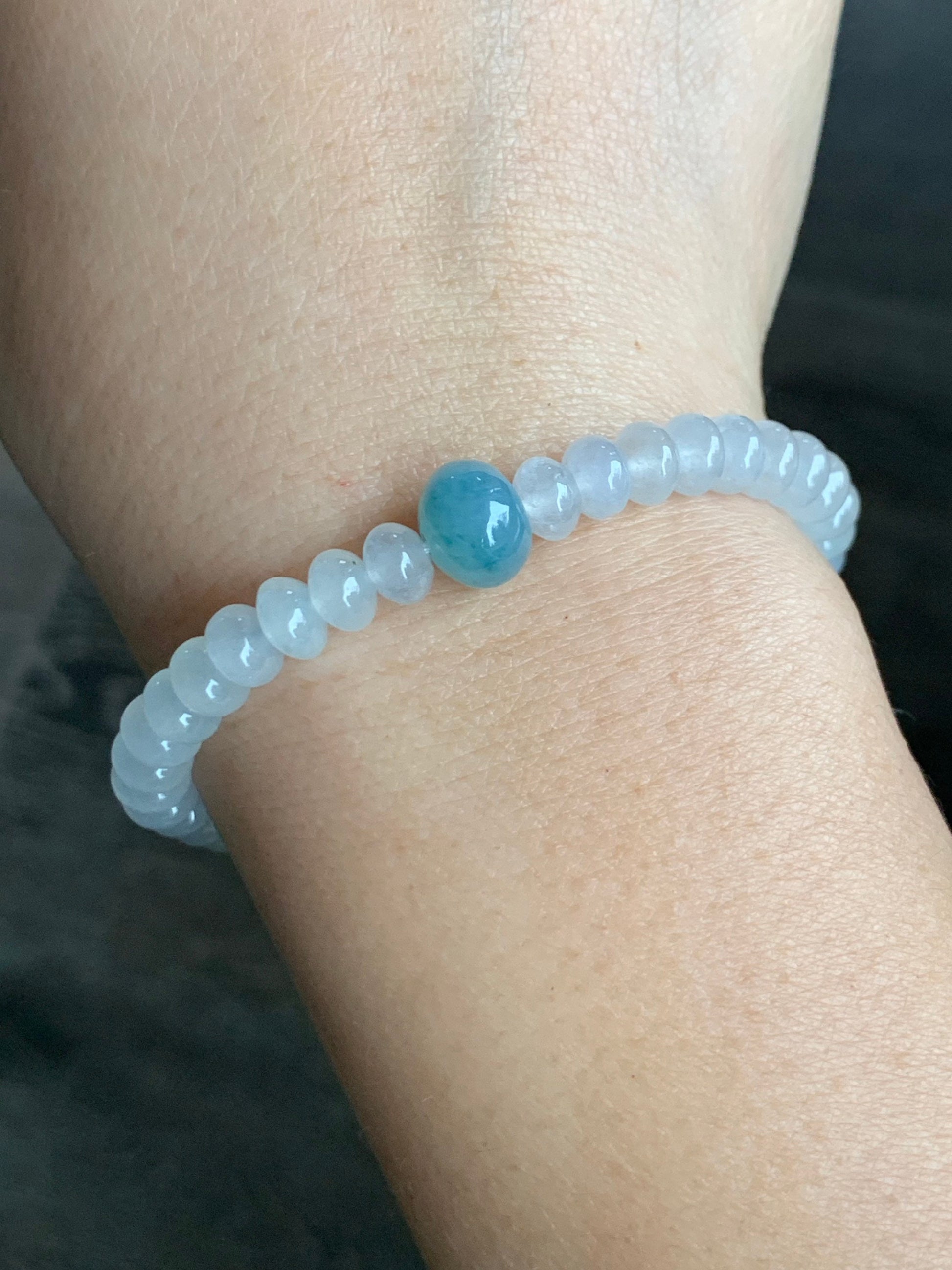 Premium Burmese Natural Icy Highly Translucent White Jadeite & Bright Blue Drum Beads Beaded Bracelet 6.75” 天然缅甸白冰翡翠牛仔蓝翡翠鼓珠手串