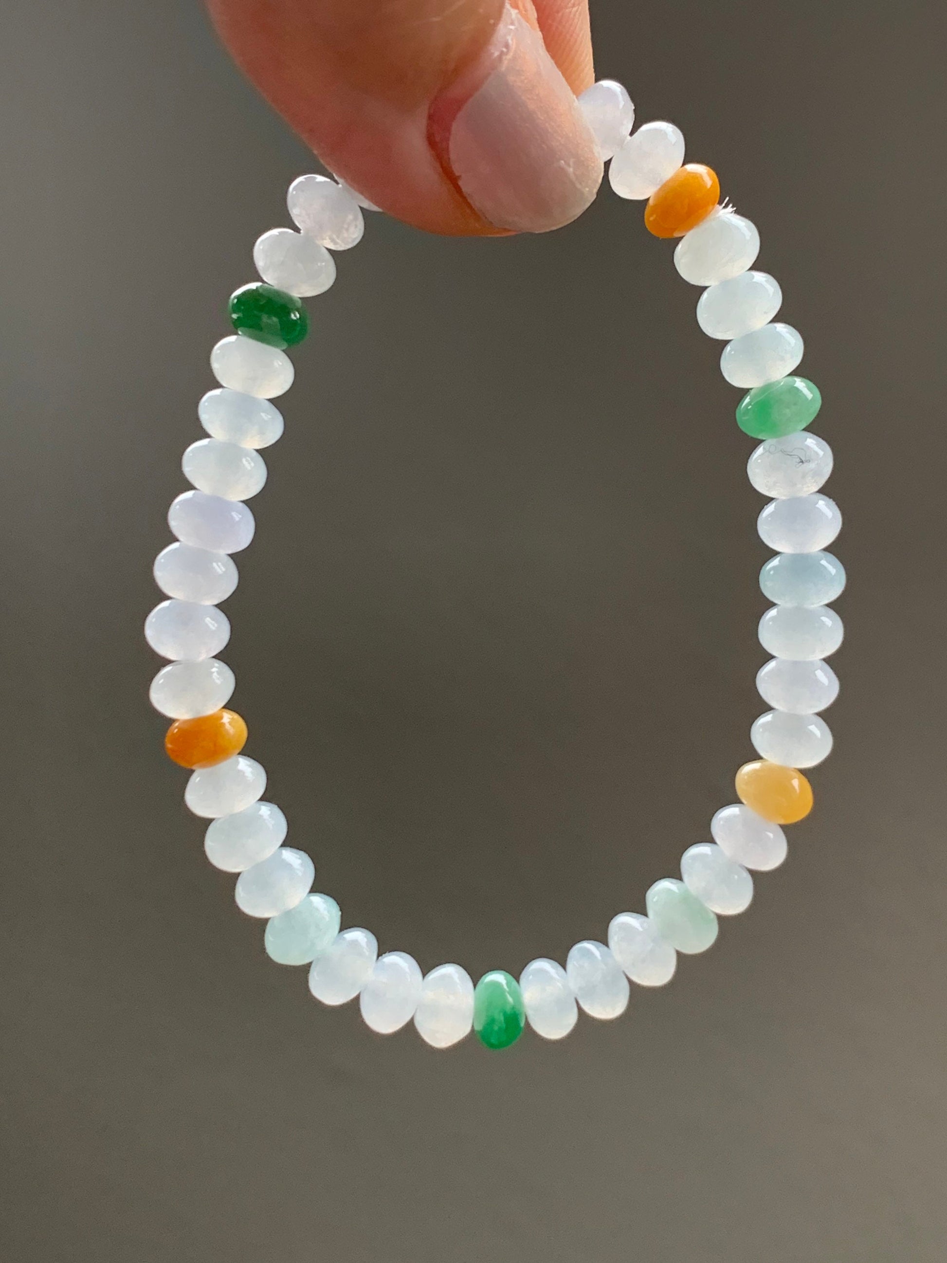 Burmese Natural Premium Icy translucent Multi-Colored Jadeite Drum Beads Beaded Bracelet 6.75” 天然缅甸起冰起光多宝翡翠鼓珠手串