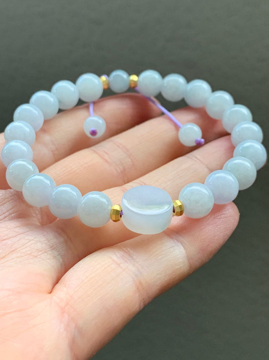 Burmese Natural Translucent Jadeite Round Beads and Coin Bead Beaded Bracelet 6.75” 天然缅甸翡翠圆珠圆无事牌手串
