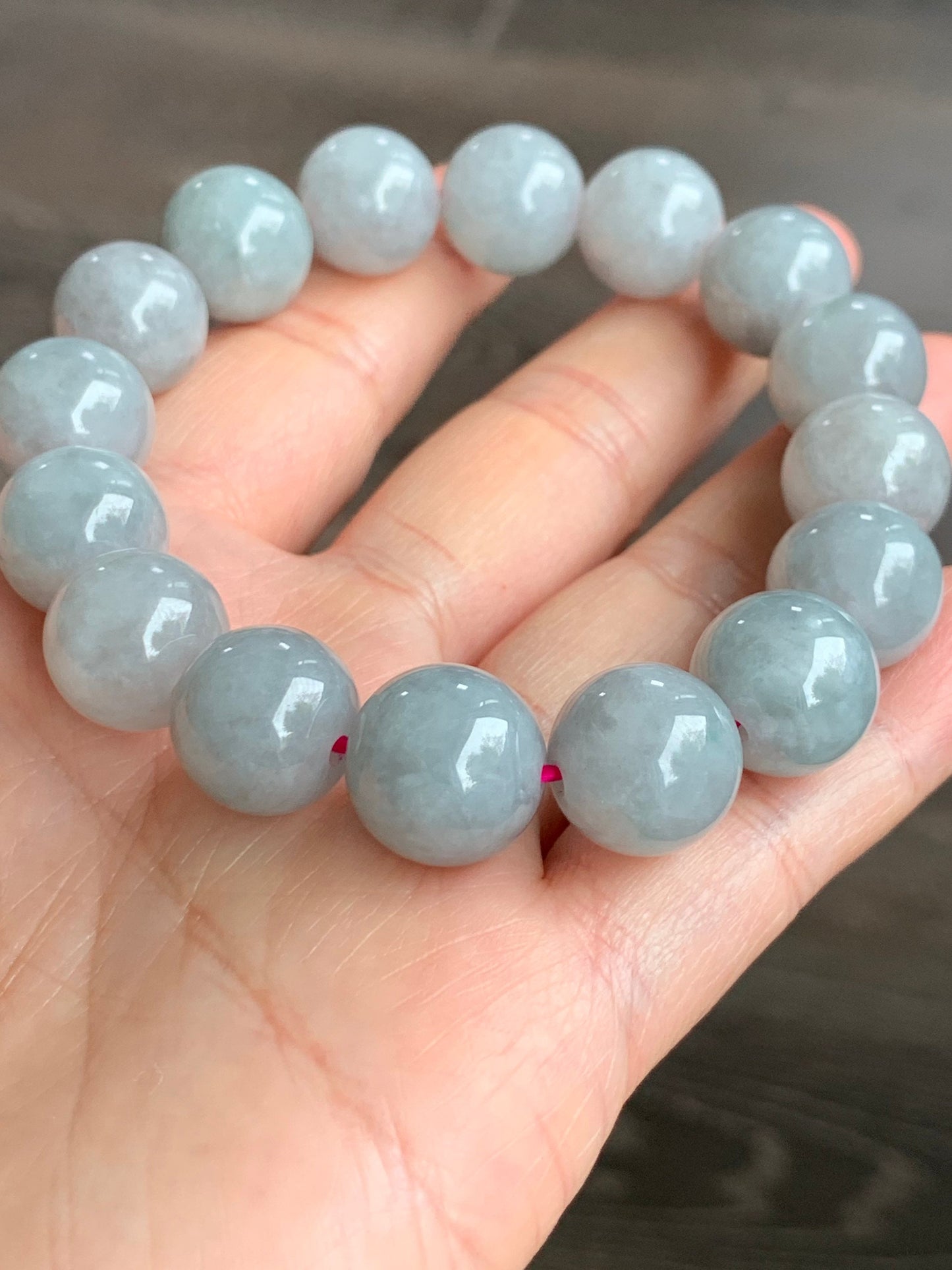 Large Burmese Natural Icy Light Wuji Jadeite Beaded Bracelet 13+mm 7.75” 天然缅甸大卡糯冰乌鸡翡翠手串