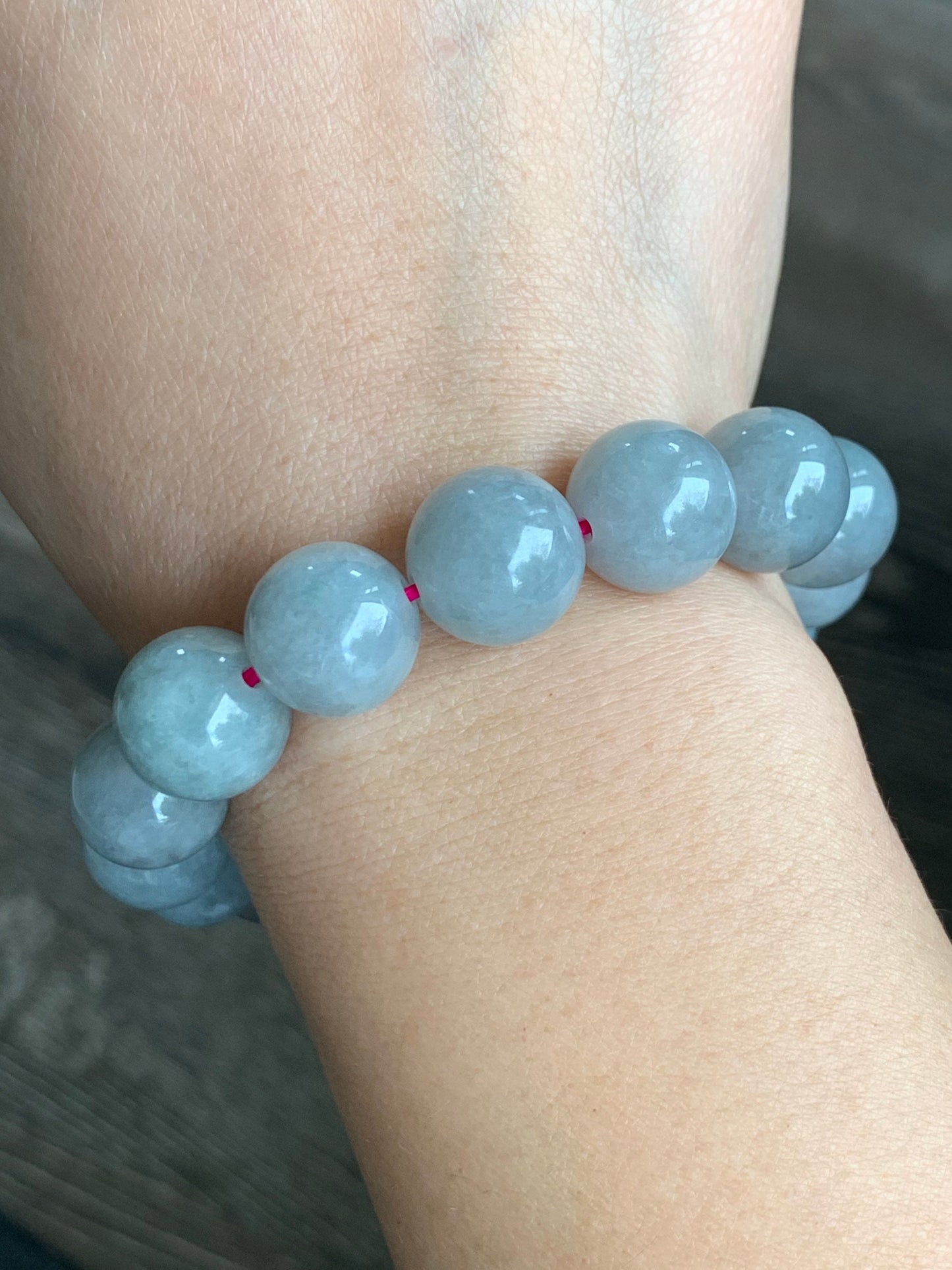 Large Burmese Natural Icy Light Wuji Jadeite Beaded Bracelet 13+mm 7.75” 天然缅甸大卡糯冰乌鸡翡翠手串