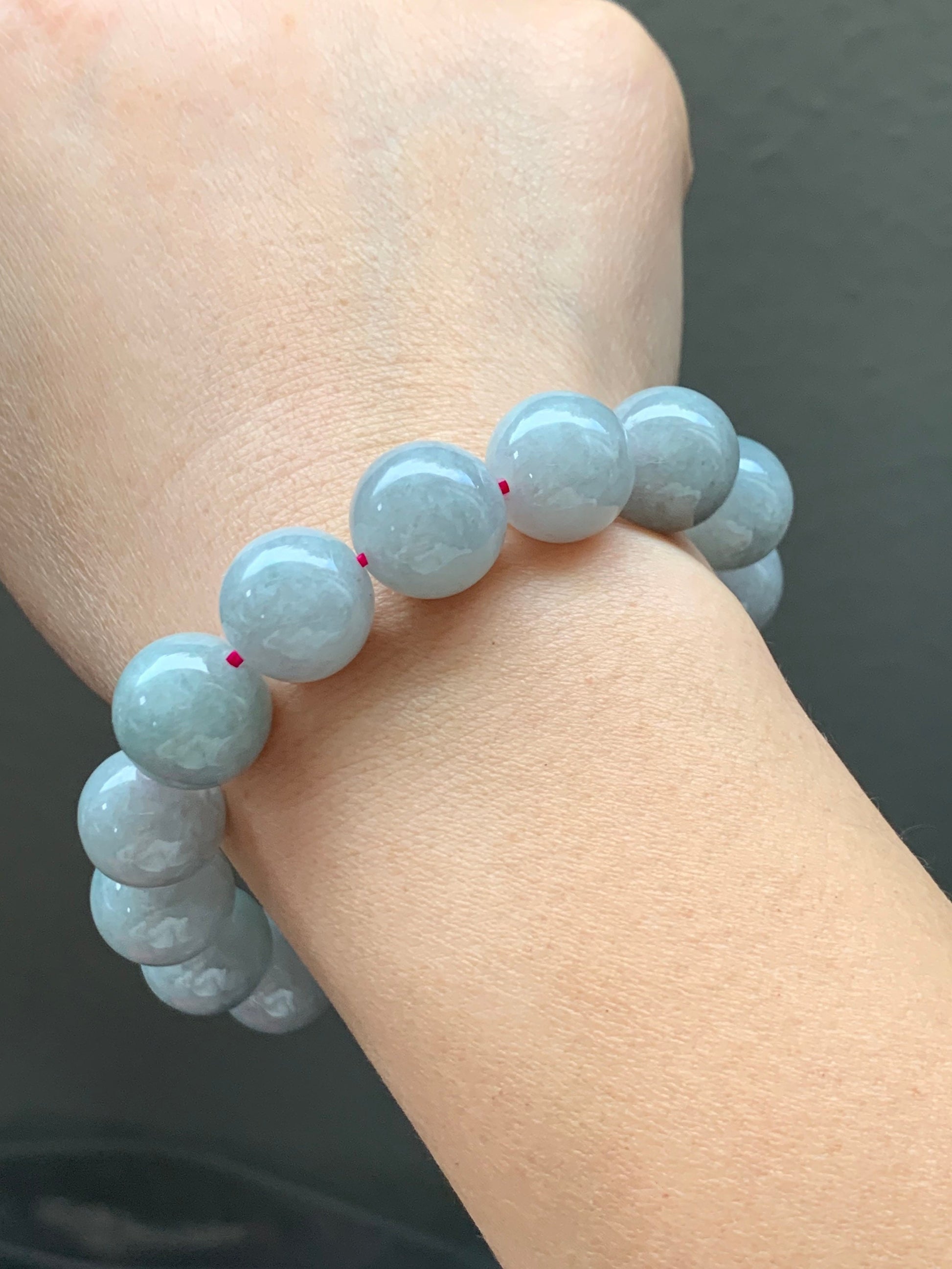 Large Burmese Natural Icy Light Wuji Jadeite Beaded Bracelet 13+mm 7.75” 天然缅甸大卡糯冰乌鸡翡翠手串