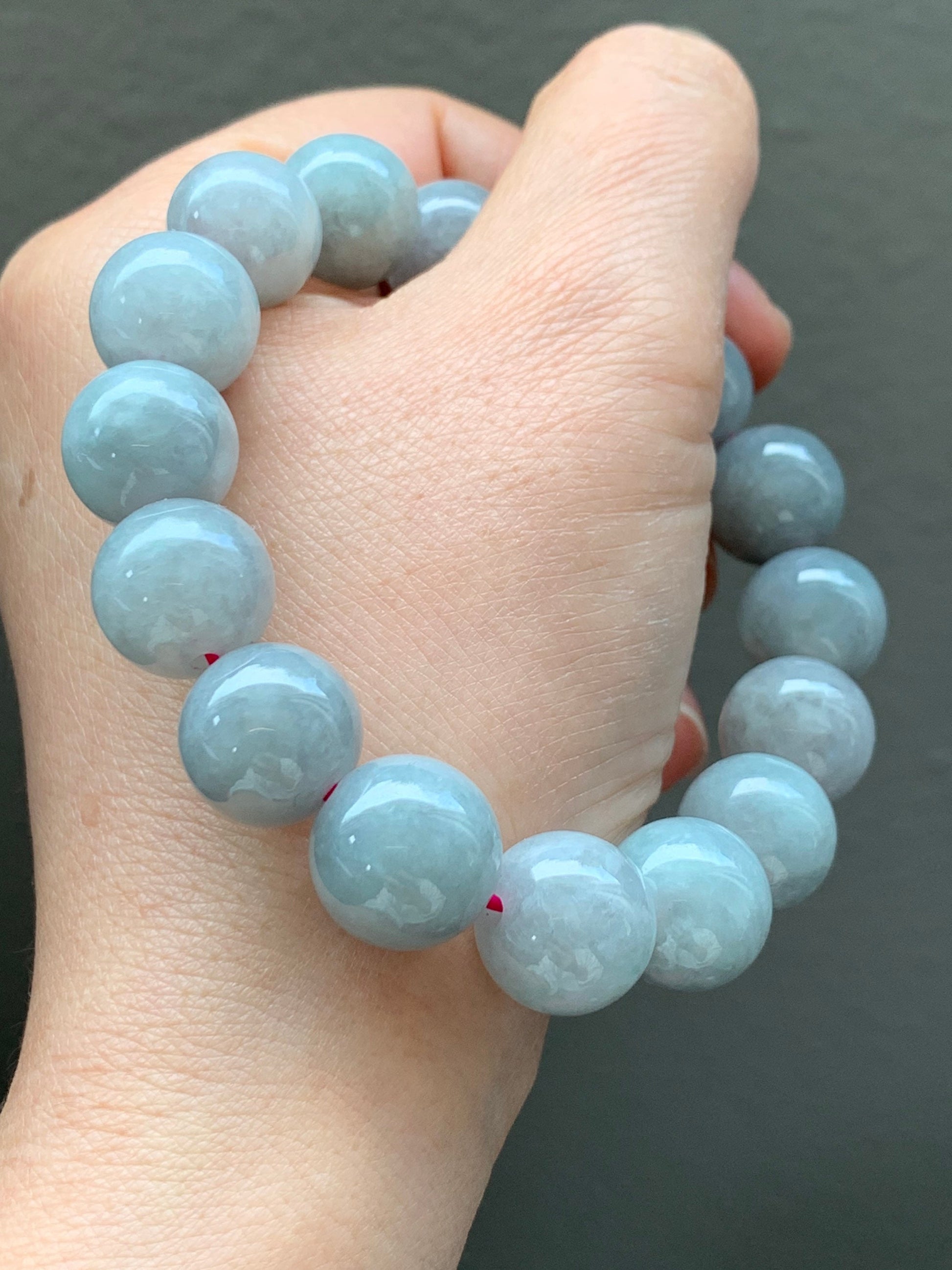 Large Burmese Natural Icy Light Wuji Jadeite Beaded Bracelet 13+mm 7.75” 天然缅甸大卡糯冰乌鸡翡翠手串