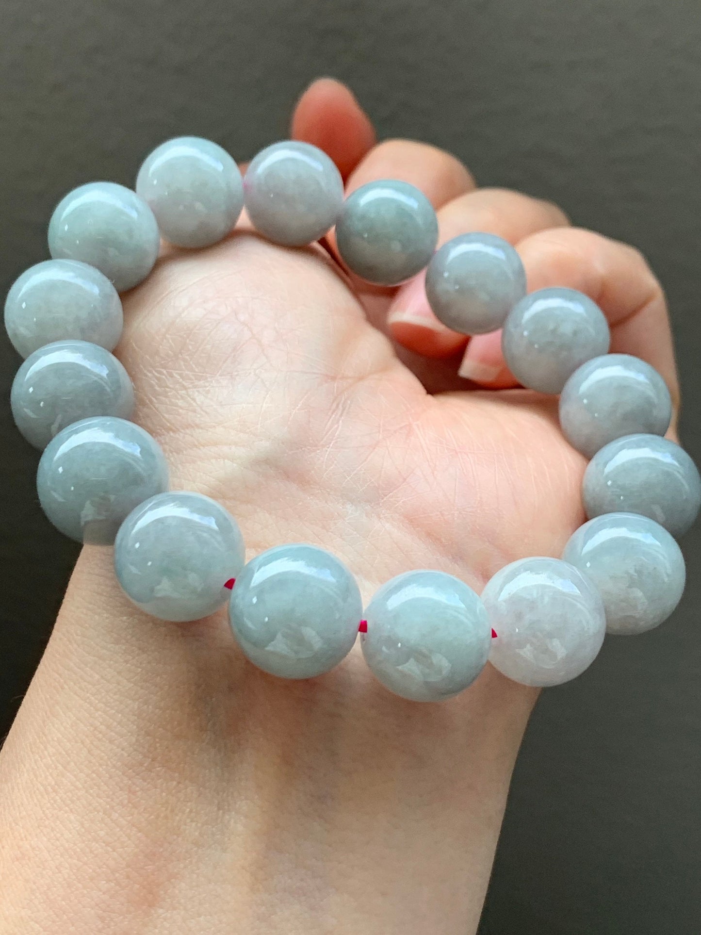 Large Burmese Natural Icy Light Wuji Jadeite Beaded Bracelet 13+mm 7.75” 天然缅甸大卡糯冰乌鸡翡翠手串