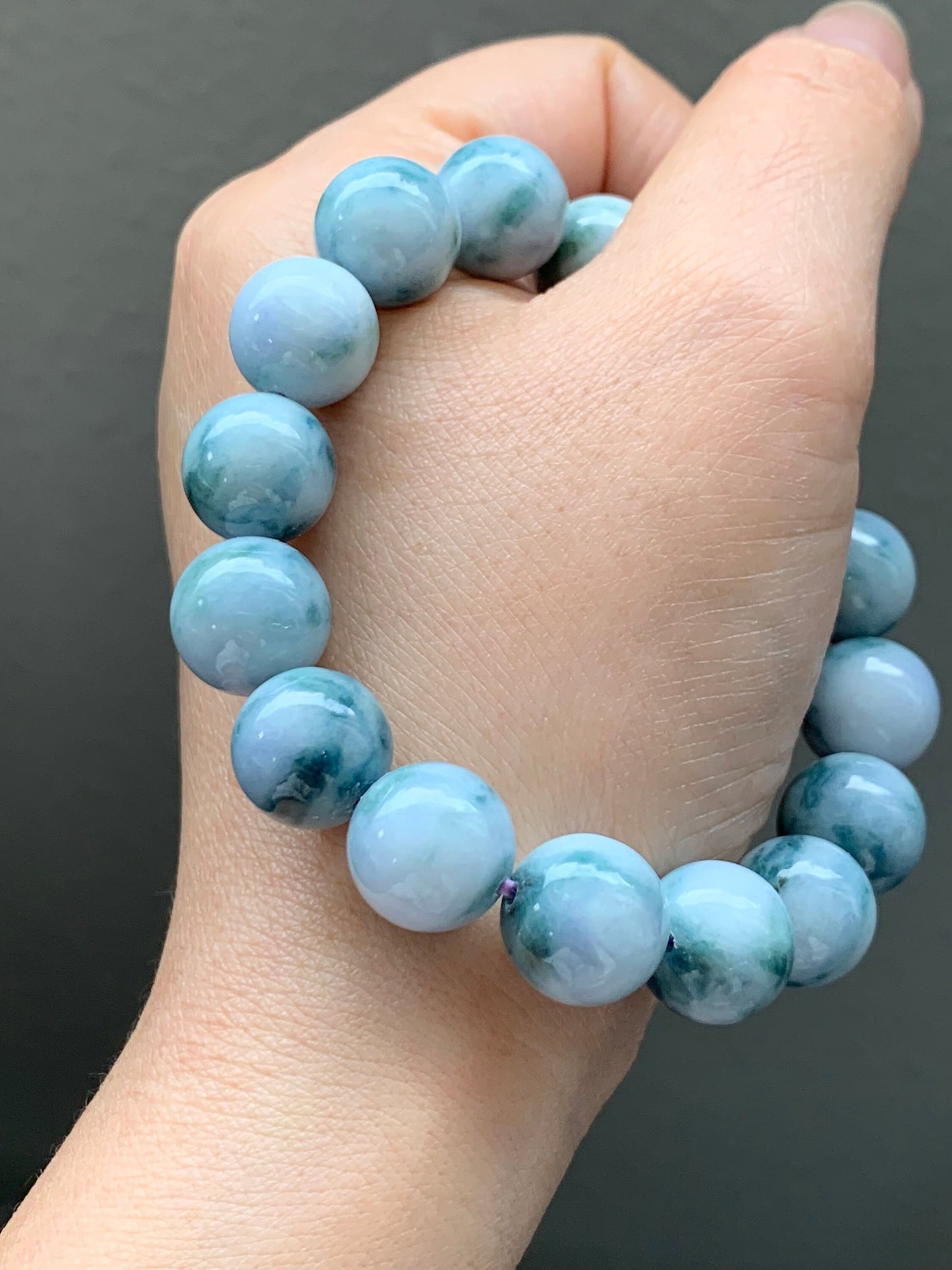 Large Burmese Natural White Jadeite w/ Teal Blue Marbling Beaded Bracelet 12.5mm 7.75” 天然缅甸大卡糯种飘蓝花翡翠手串