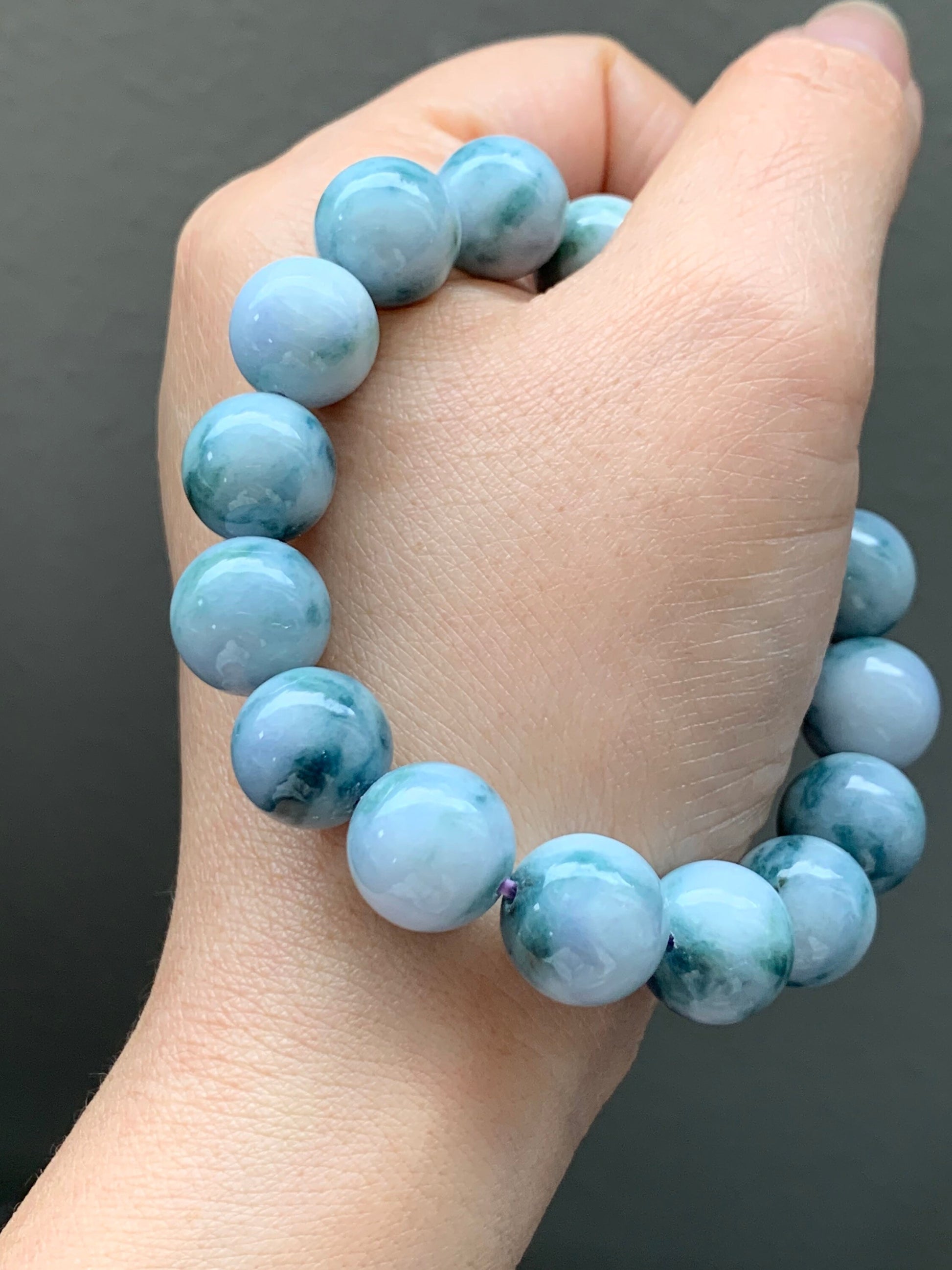Large Burmese Natural White Jadeite w/ Teal Blue Marbling Beaded Bracelet 12.5mm 7.75” 天然缅甸大卡糯种飘蓝花翡翠手串