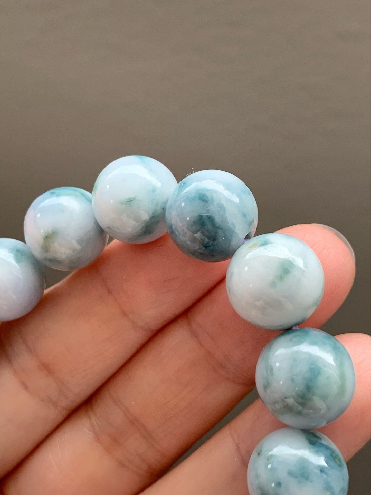 Large Burmese Natural White Jadeite w/ Teal Blue Marbling Beaded Bracelet 12.5mm 7.75” 天然缅甸大卡糯种飘蓝花翡翠手串