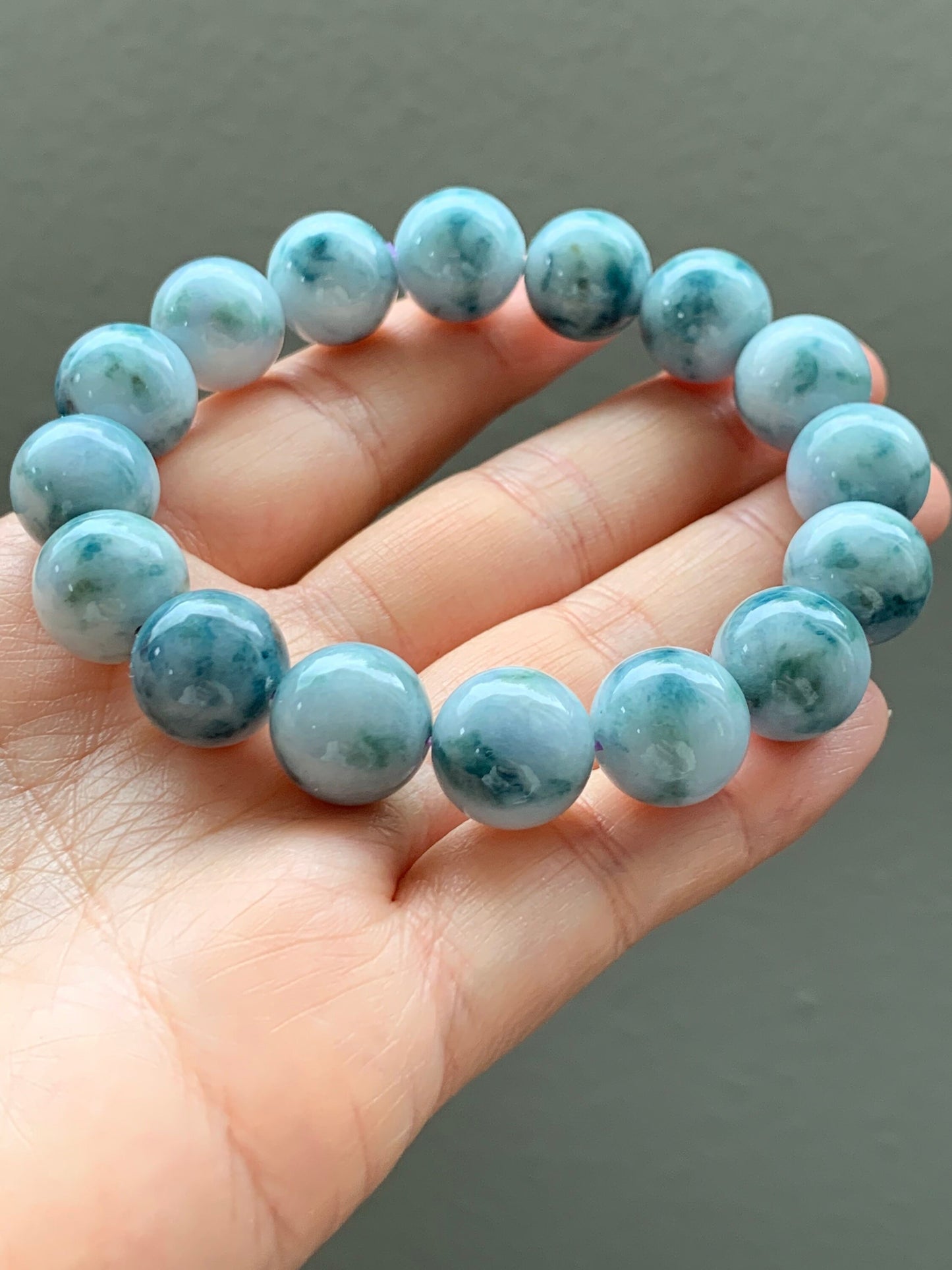 Large Burmese Natural White Jadeite w/ Teal Blue Marbling Beaded Bracelet 12.5mm 7.75” 天然缅甸大卡糯种飘蓝花翡翠手串
