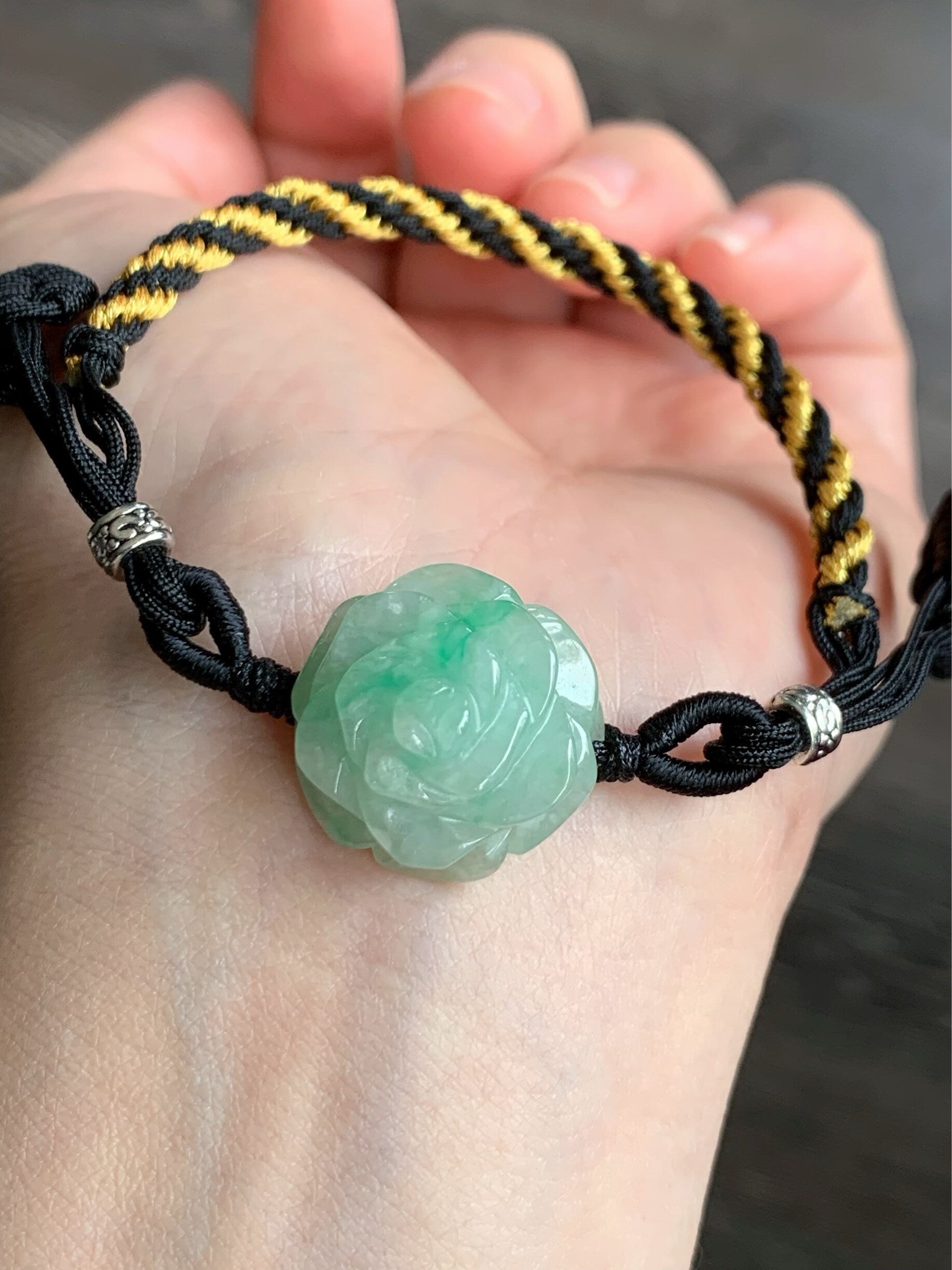 Natural Burmese Icy Translucent & Gelatinous Green Marbled Jadeite Carved Rose Flower Rope Bracelet Adjustable 6"-8.5” 天然缅甸冰绿飘花翡翠玫瑰花手绳