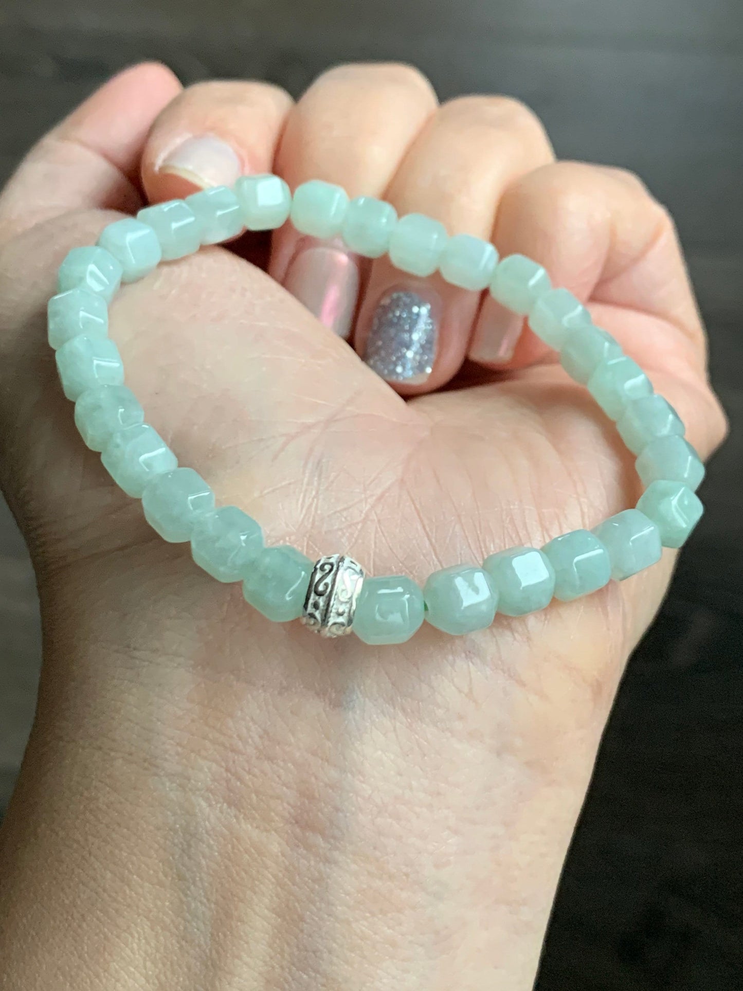Natural Burmese Translucent Light Green Jadeite Hexagonal Beads S925 Silver Bead Beaded Bracelet Stretchy 7” 天然缅甸晴色翡翠六棱珠银珠手串