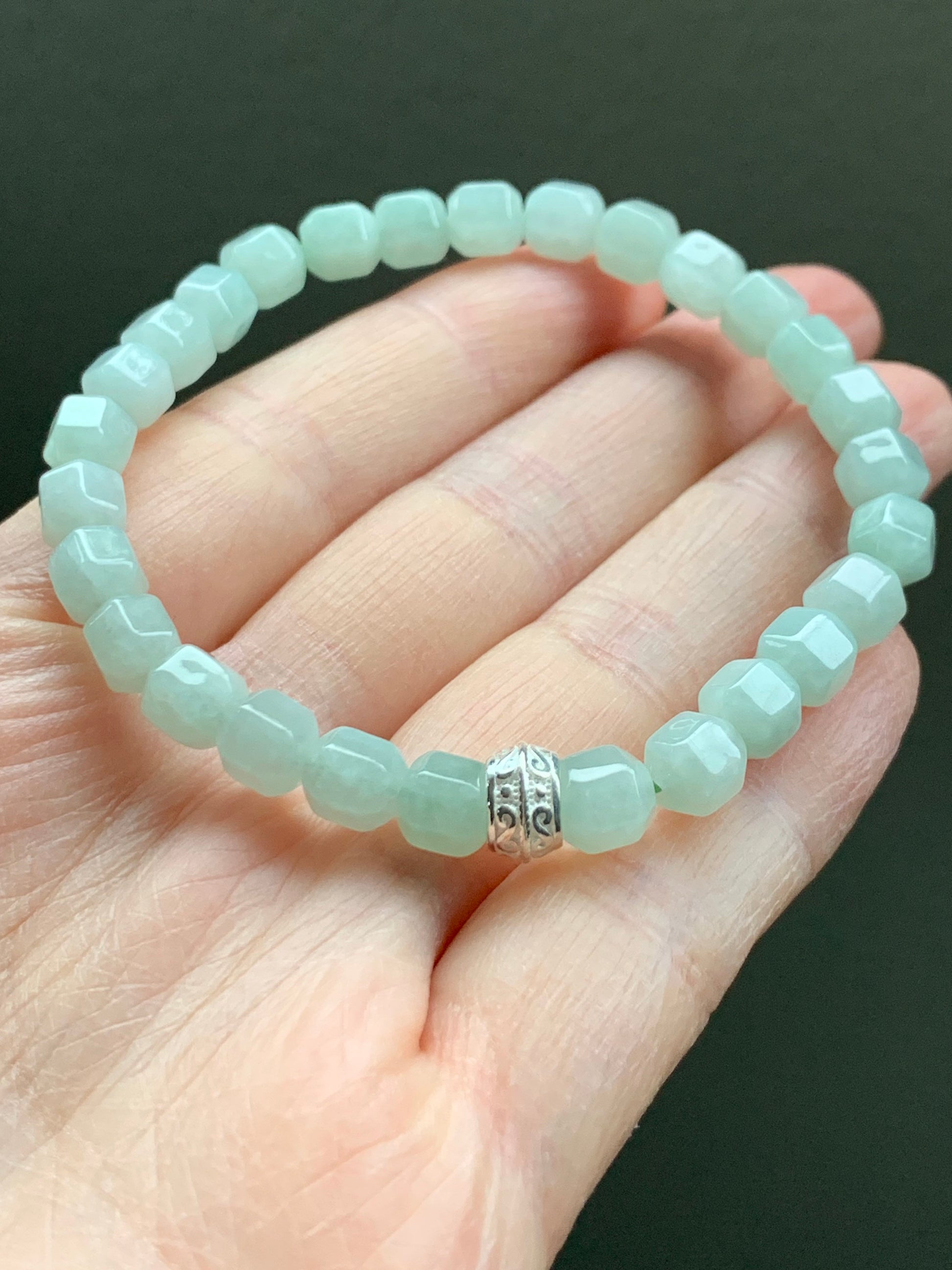 Natural Burmese Translucent Light Green Jadeite Hexagonal Beads S925 Silver Bead Beaded Bracelet Stretchy 7” 天然缅甸晴色翡翠六棱珠银珠手串