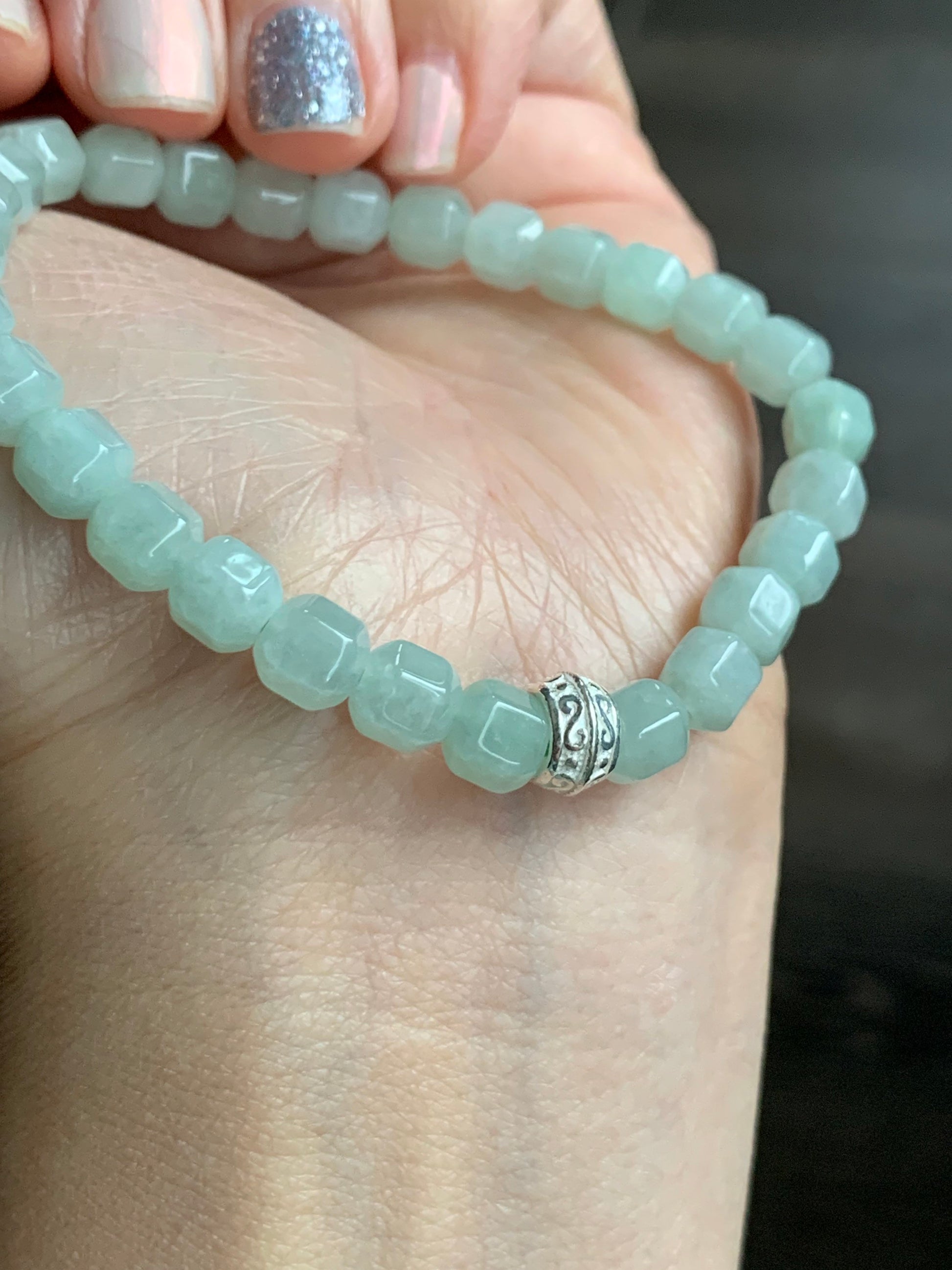 Natural Burmese Translucent Light Green Jadeite Hexagonal Beads S925 Silver Bead Beaded Bracelet Stretchy 7” 天然缅甸晴色翡翠六棱珠银珠手串