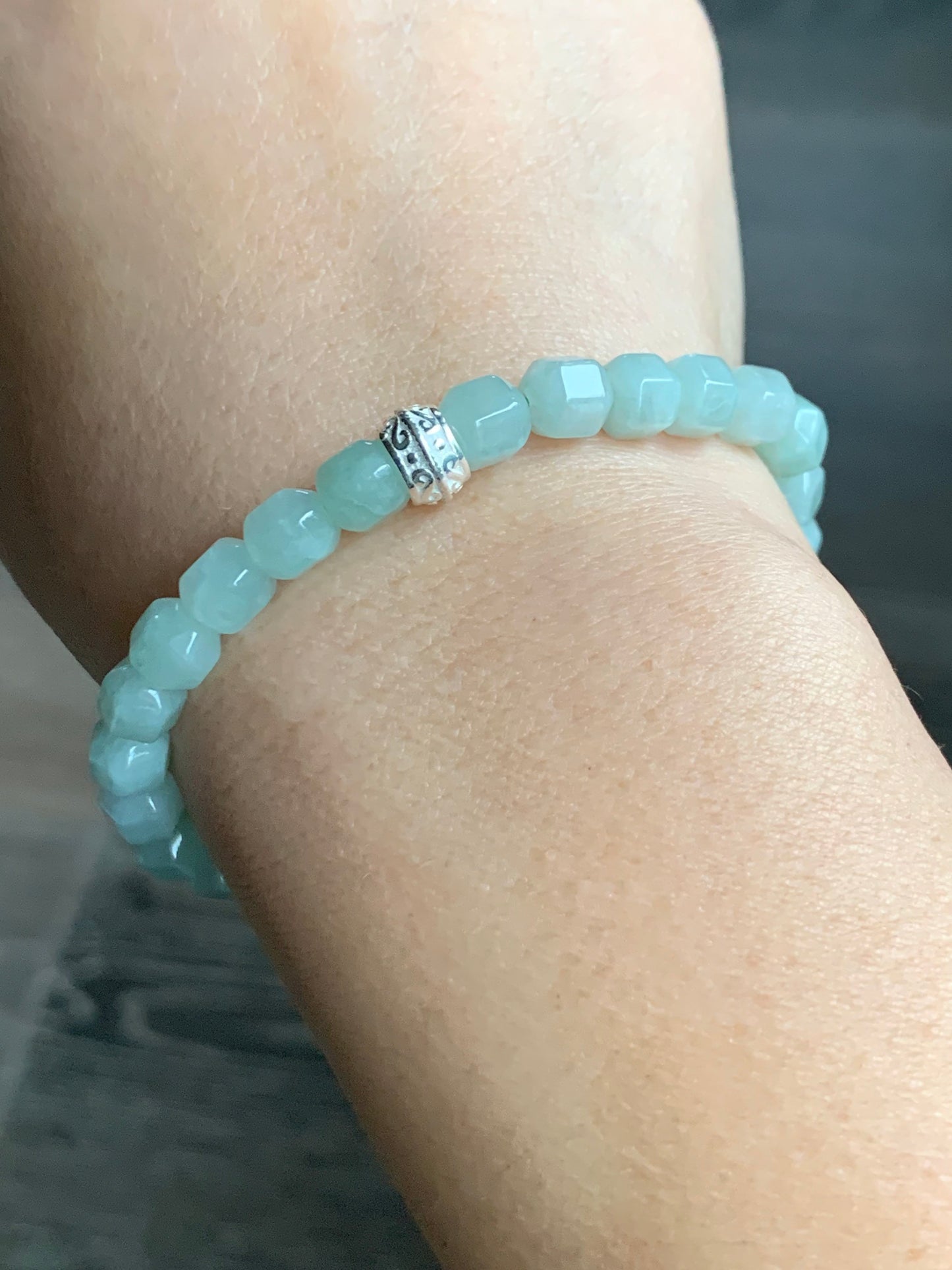 Natural Burmese Translucent Light Green Jadeite Hexagonal Beads S925 Silver Bead Beaded Bracelet Stretchy 7” 天然缅甸晴色翡翠六棱珠银珠手串