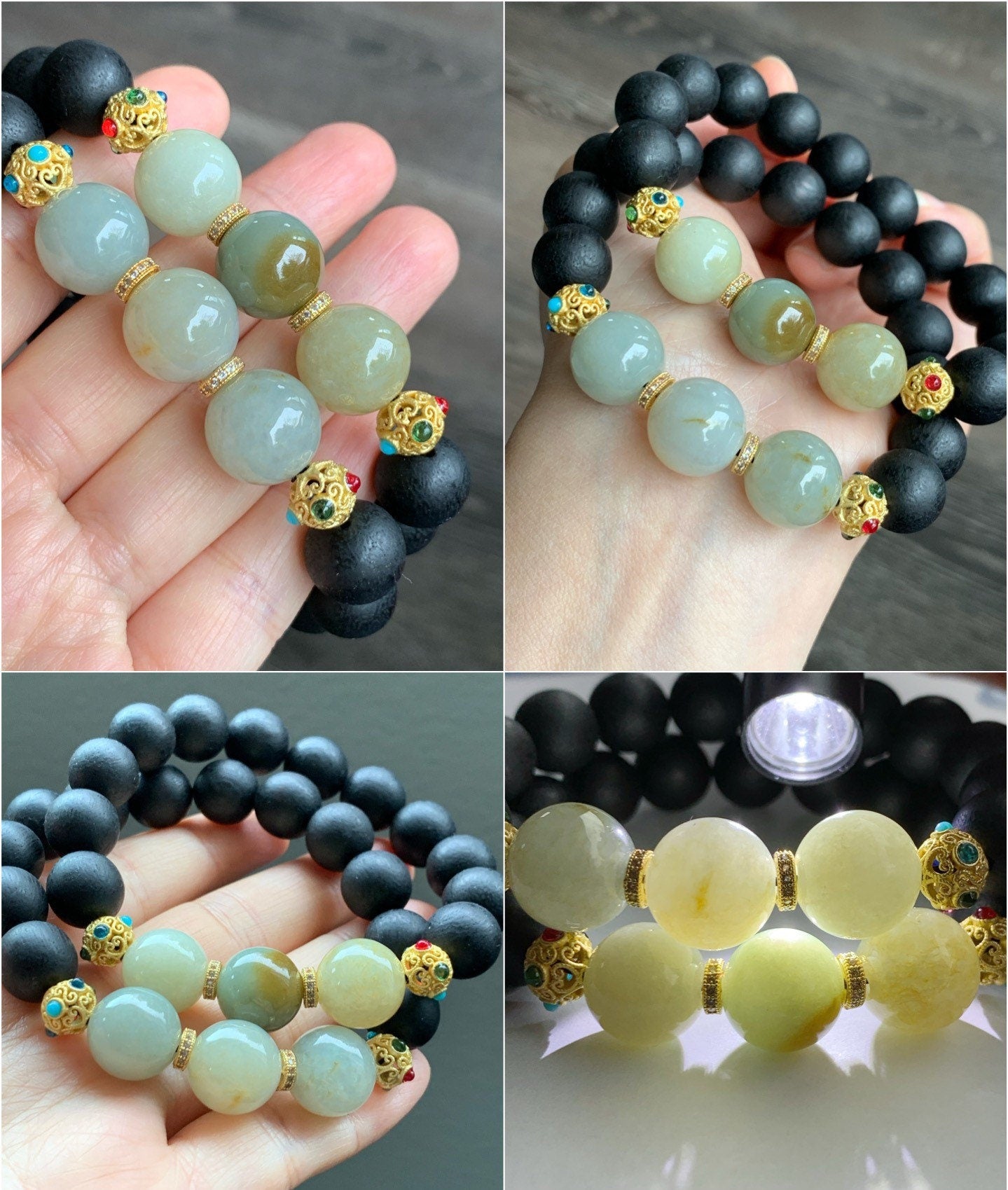 Large Natural Burmese Icy Translucent Jadeite and Natural Black Agarwood Beaded Bracelet 7.75" 天然缅甸糯冰翡翠圆珠土沉香木珠手串