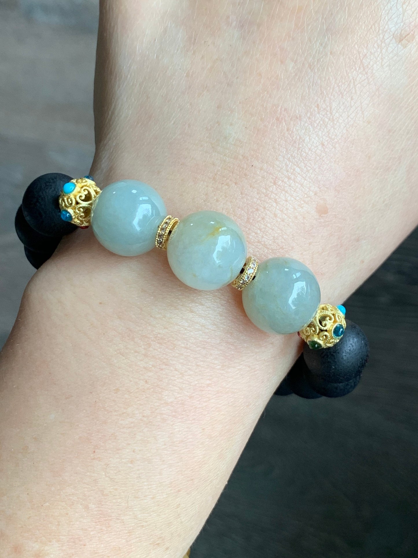 Large Natural Burmese Icy Translucent Jadeite and Natural Black Agarwood Beaded Bracelet 7.75" 天然缅甸糯冰翡翠圆珠土沉香木珠手串