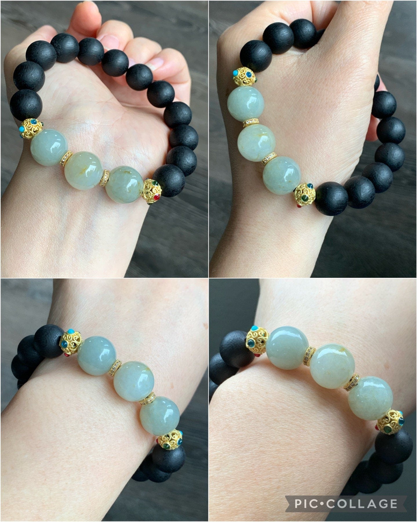 Large Natural Burmese Icy Translucent Jadeite and Natural Black Agarwood Beaded Bracelet 7.75" 天然缅甸糯冰翡翠圆珠土沉香木珠手串