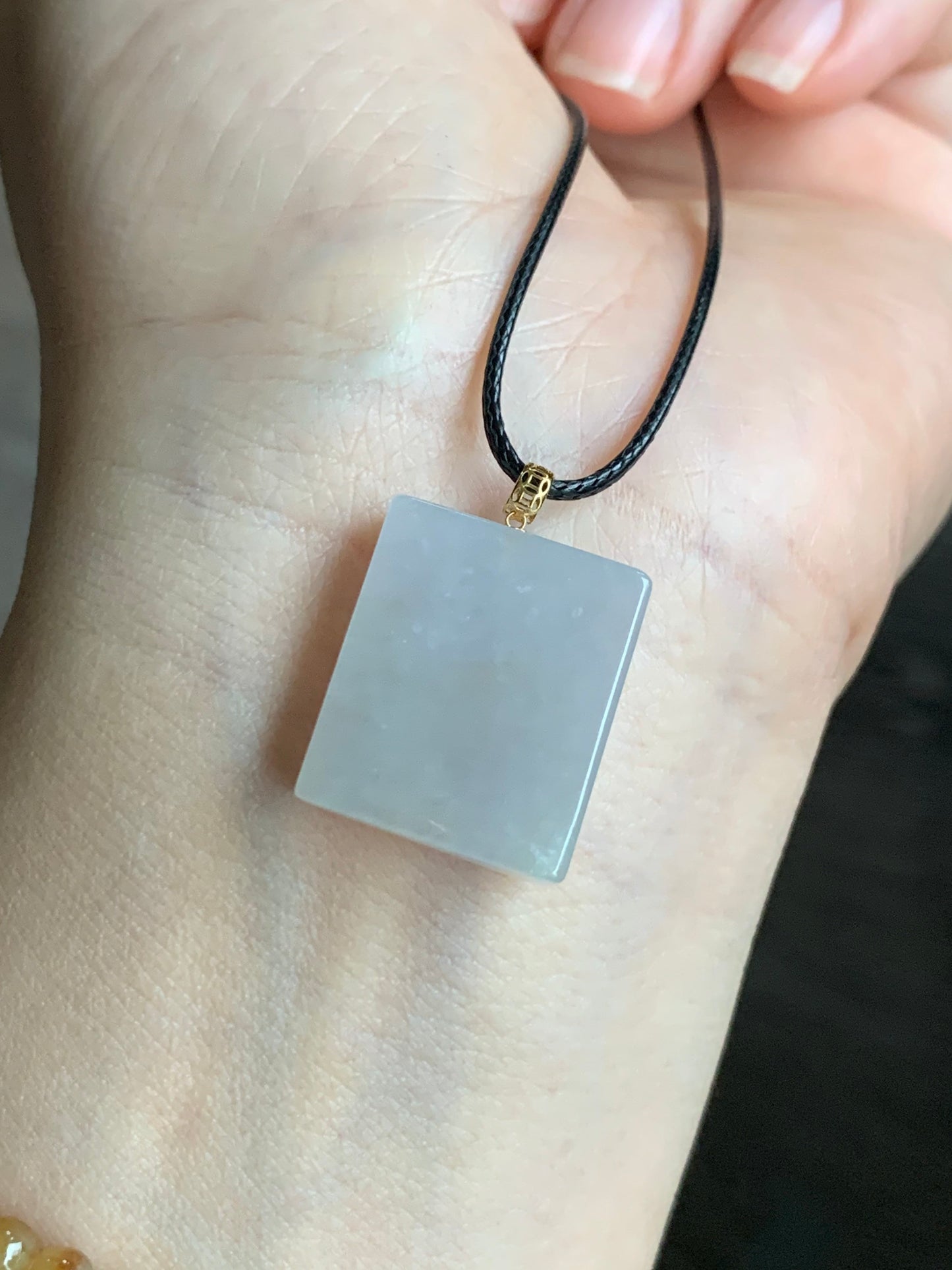 Natural Burmese Icy Translucent Beige Jadeite Rectangle Pendant 18K Yellow Gold 天然缅甸冰糖黄翡翠方牌镶嵌吊坠