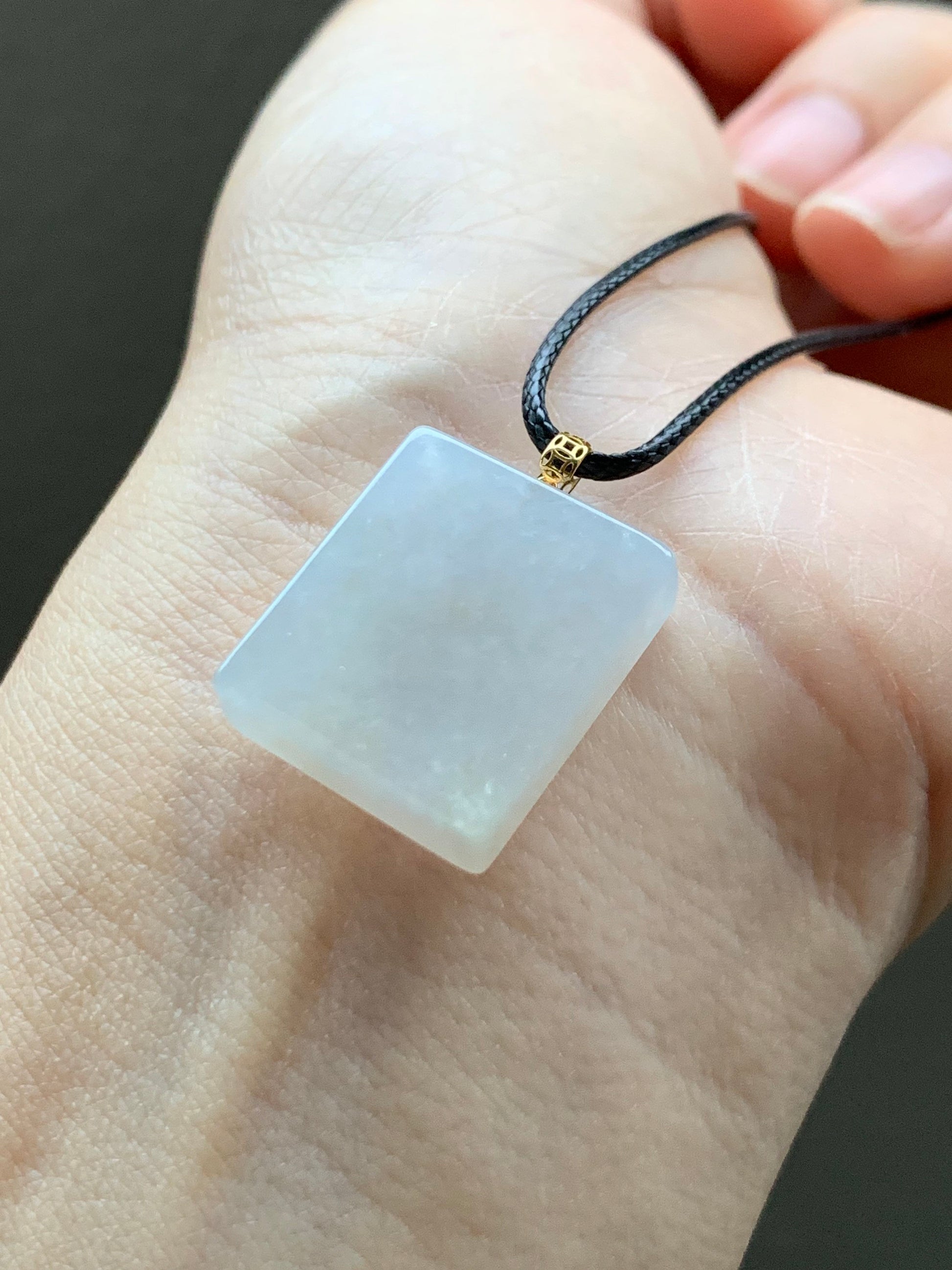 Natural Burmese Icy Translucent Beige Jadeite Rectangle Pendant 18K Yellow Gold 天然缅甸冰糖黄翡翠方牌镶嵌吊坠