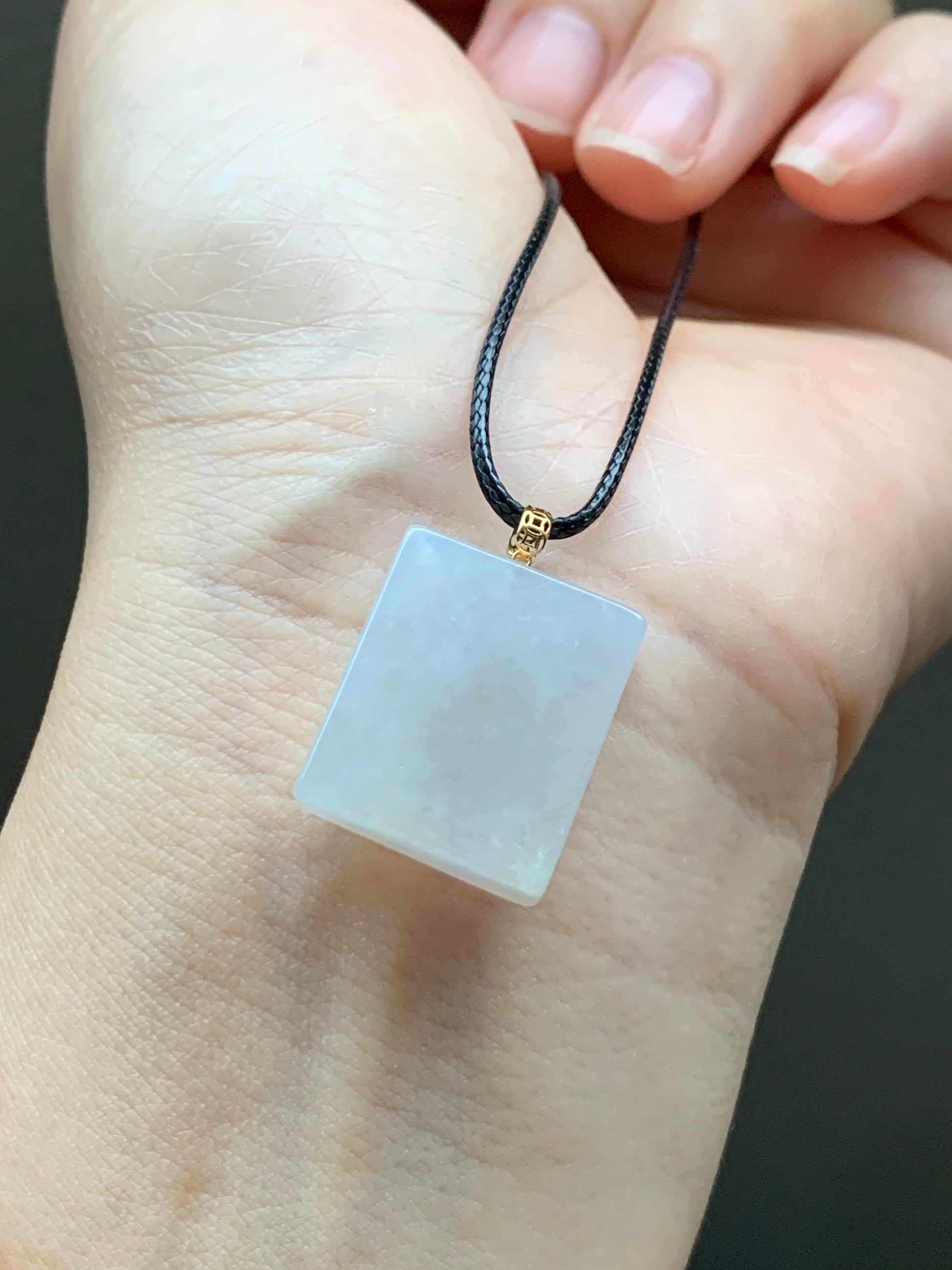 Natural Burmese Icy Translucent Beige Jadeite Rectangle Pendant 18K Yellow Gold 天然缅甸冰糖黄翡翠方牌镶嵌吊坠