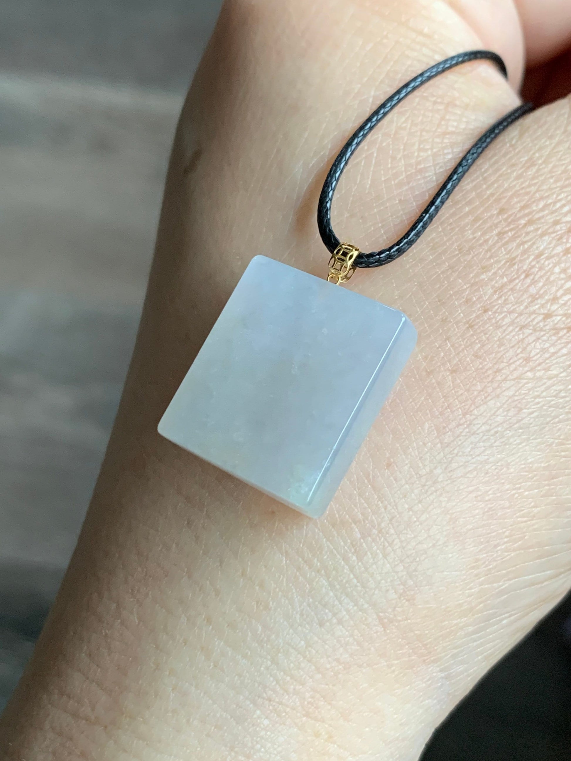 Natural Burmese Icy Translucent Beige Jadeite Rectangle Pendant 18K Yellow Gold 天然缅甸冰糖黄翡翠方牌镶嵌吊坠