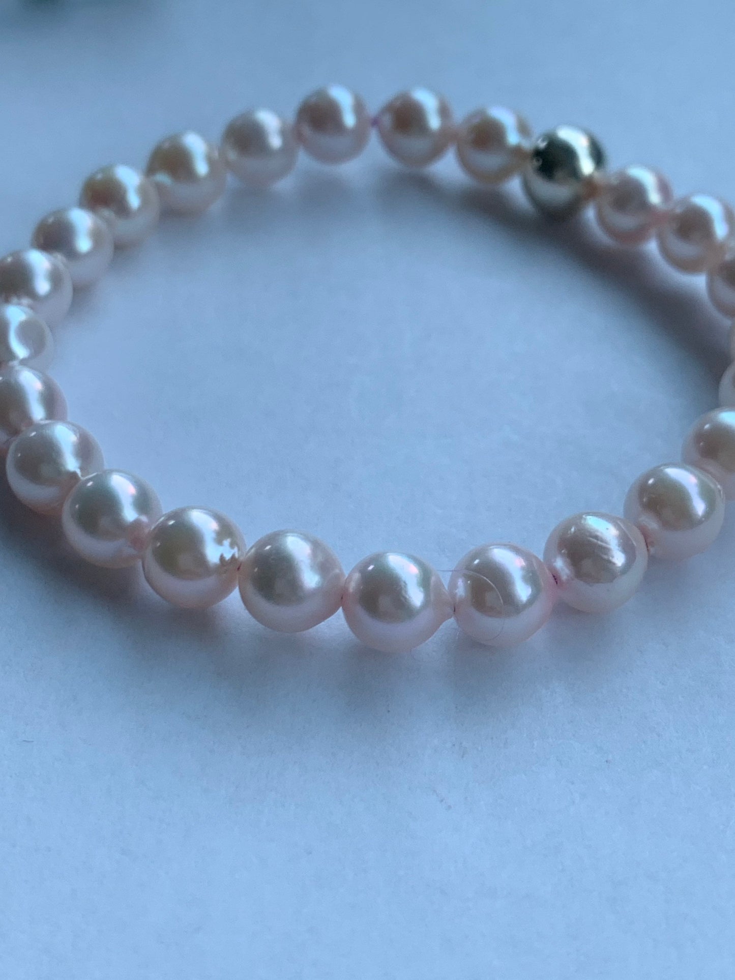 Natural Saltwater Akoya Peachy Blush Pearls and 925 Sterling Silver Ball Beaded Bracelet Stretchy 7” 天然淡粉海水珍珠纯银珠手串