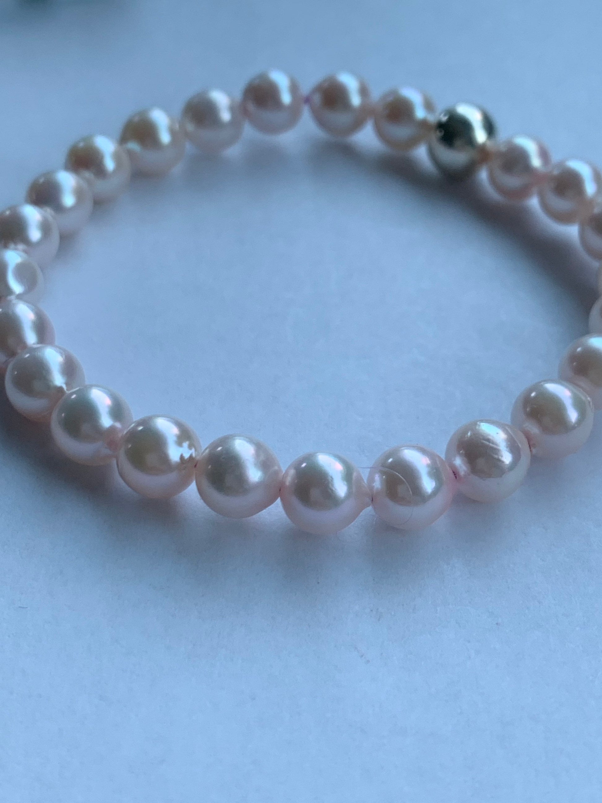 Natural Saltwater Akoya Peachy Blush Pearls and 925 Sterling Silver Ball Beaded Bracelet Stretchy 7” 天然淡粉海水珍珠纯银珠手串