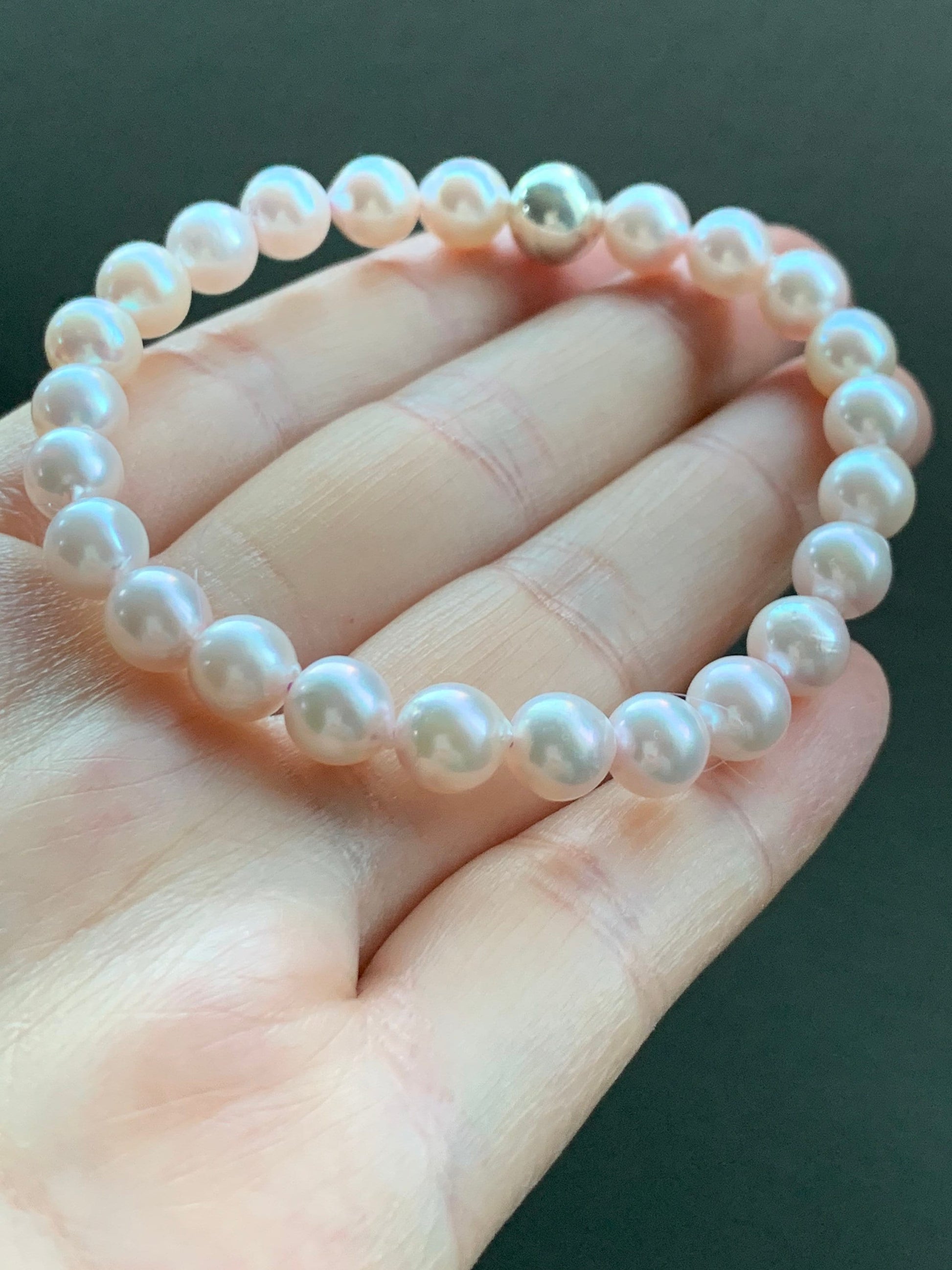 Natural Saltwater Akoya Peachy Blush Pearls and 925 Sterling Silver Ball Beaded Bracelet Stretchy 7” 天然淡粉海水珍珠纯银珠手串