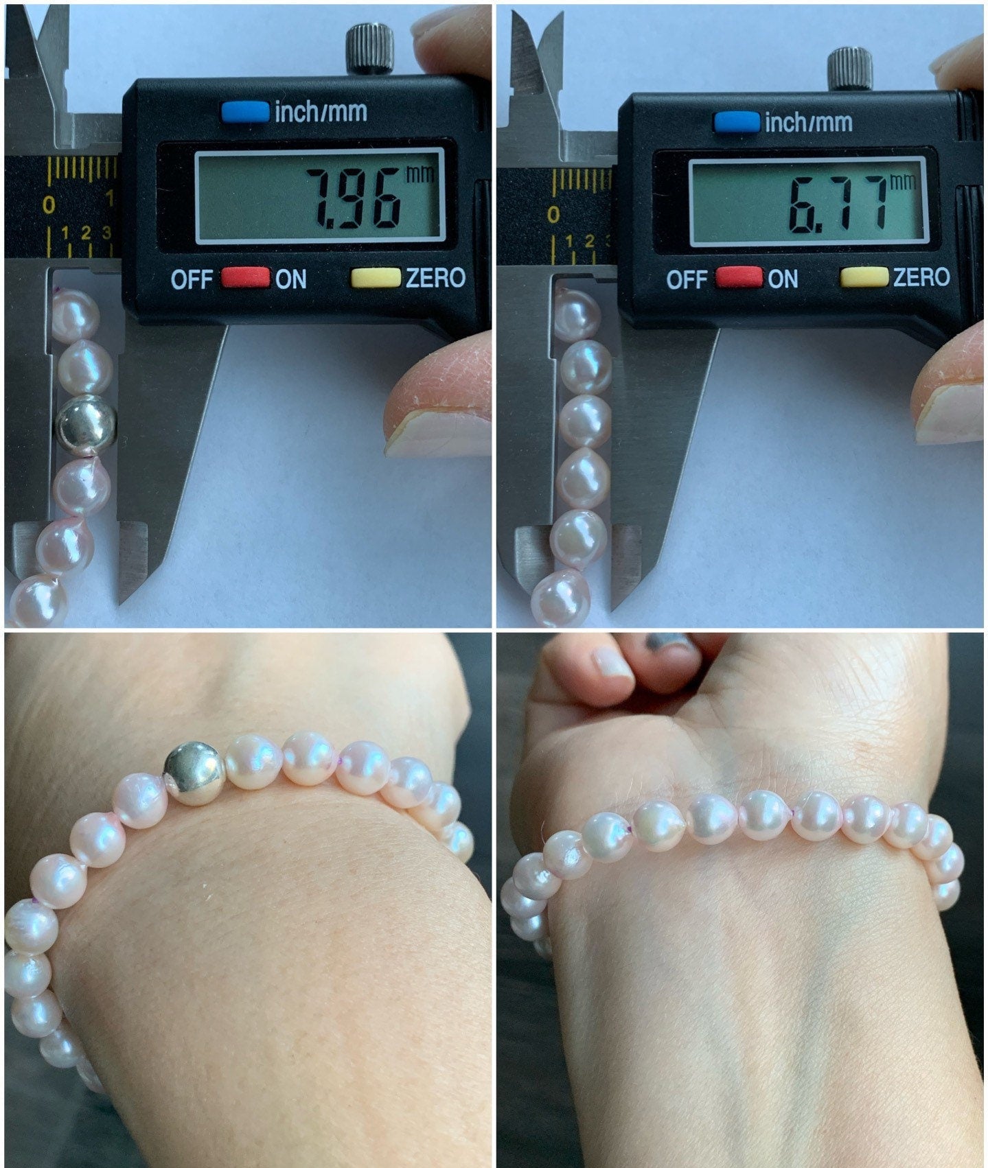 Natural Saltwater Akoya Peachy Blush Pearls and 925 Sterling Silver Ball Beaded Bracelet Stretchy 7” 天然淡粉海水珍珠纯银珠手串