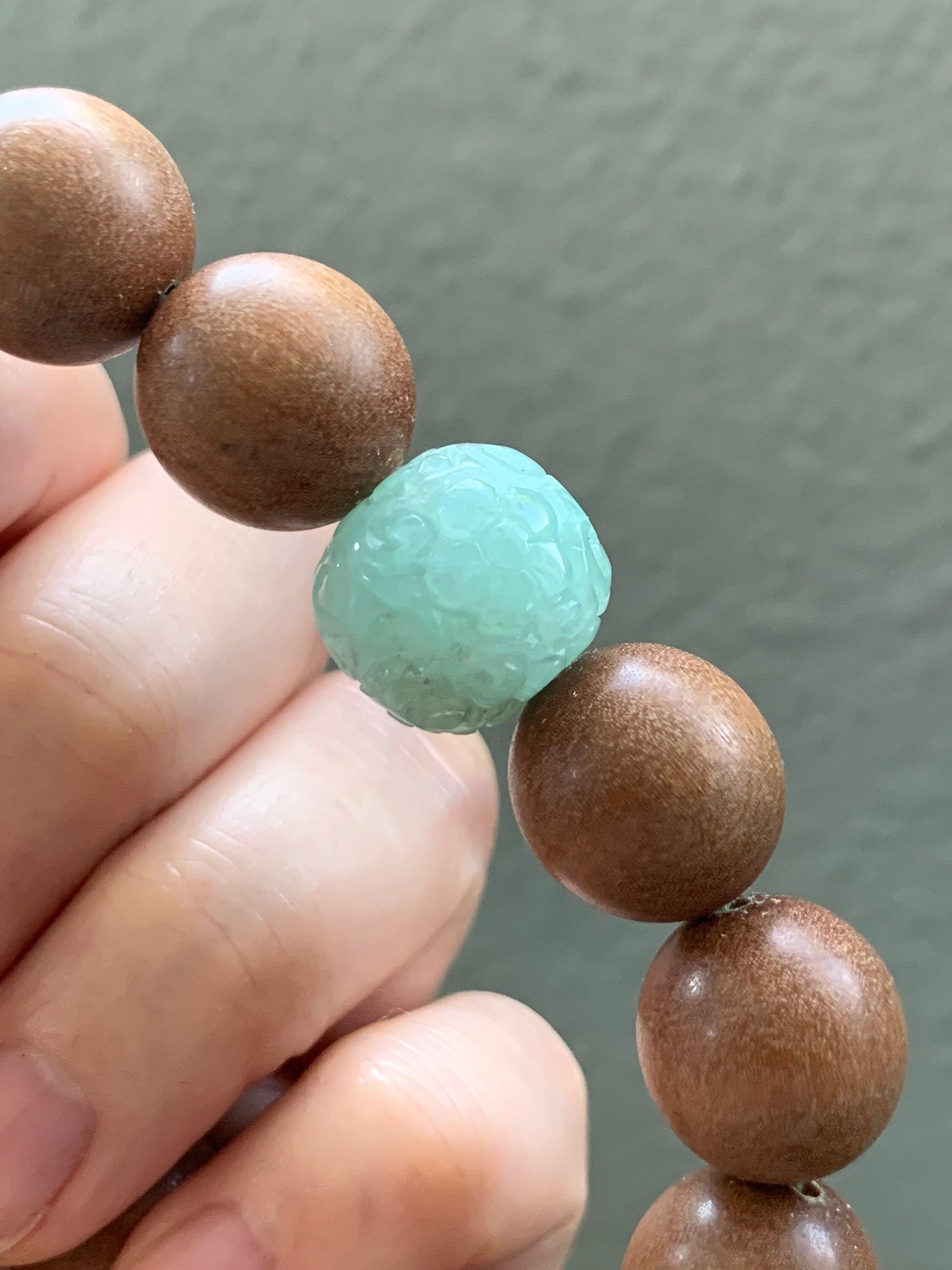 Natural Chandan Sandalwood Beads & Natural Burmese Translucent Icy Apple Green Jadeite Engraved Drum Bead Bracelet 7.75” 老山檀木珠天然缅甸冰果绿翡翠鼓珠手串