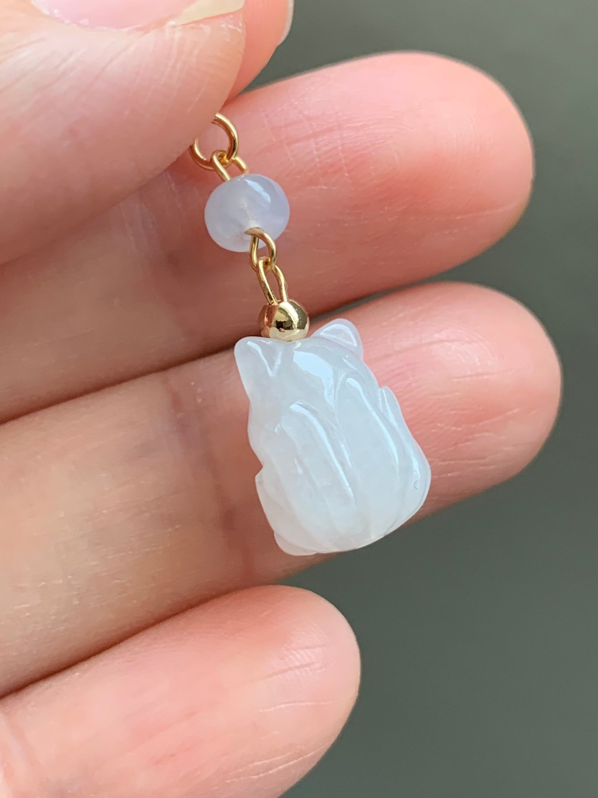 Natural Burmese Icy Translucent & Gelatinous White Jadeite 3D Carved Nine-Tailed Fox Dangle Earrings 14K Gold Plated 天然缅甸白冰起胶翡翠九尾狐狸包金耳钩