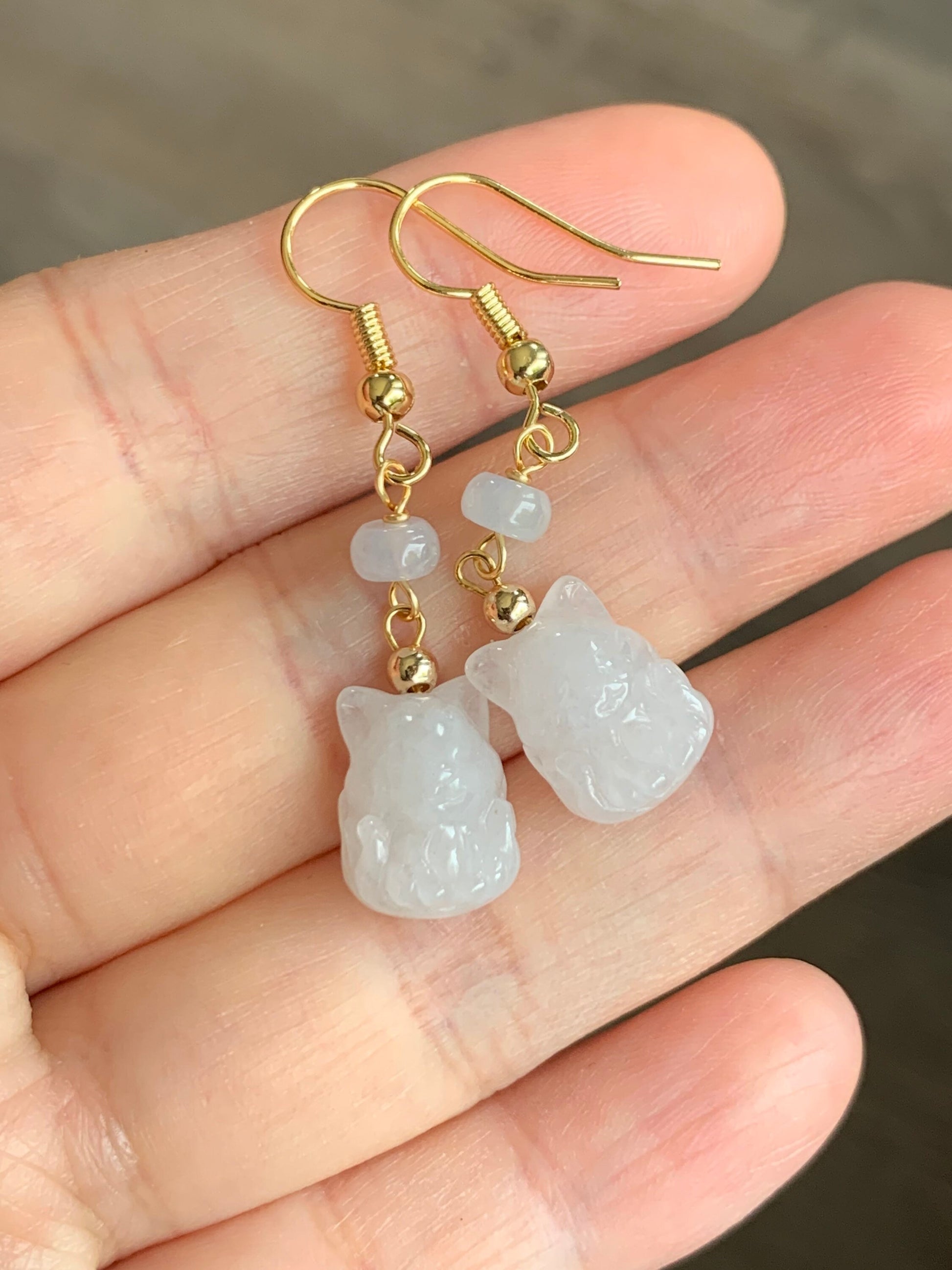 Natural Burmese Icy Translucent & Gelatinous White Jadeite 3D Carved Nine-Tailed Fox Dangle Earrings 14K Gold Plated 天然缅甸白冰起胶翡翠九尾狐狸包金耳钩