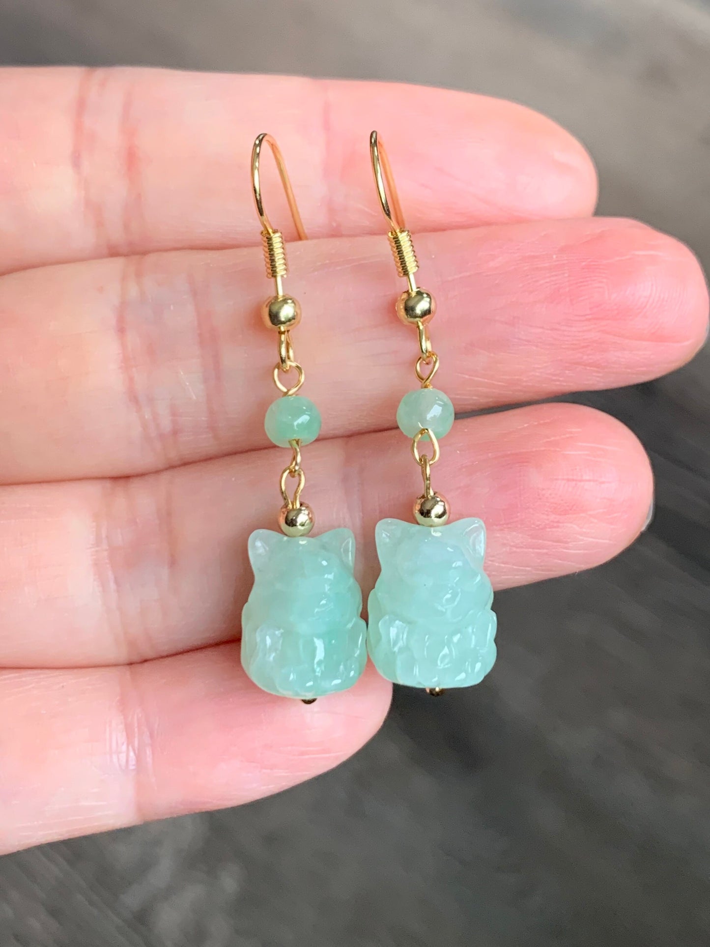 Natural Burmese Icy Translucent & Gelatinous Light Green Jadeite 3D Carved Nine-Tailed Fox Dangle Earrings 14K Gold Plated 天然缅甸冰晴翡翠九尾狐狸包金耳钩