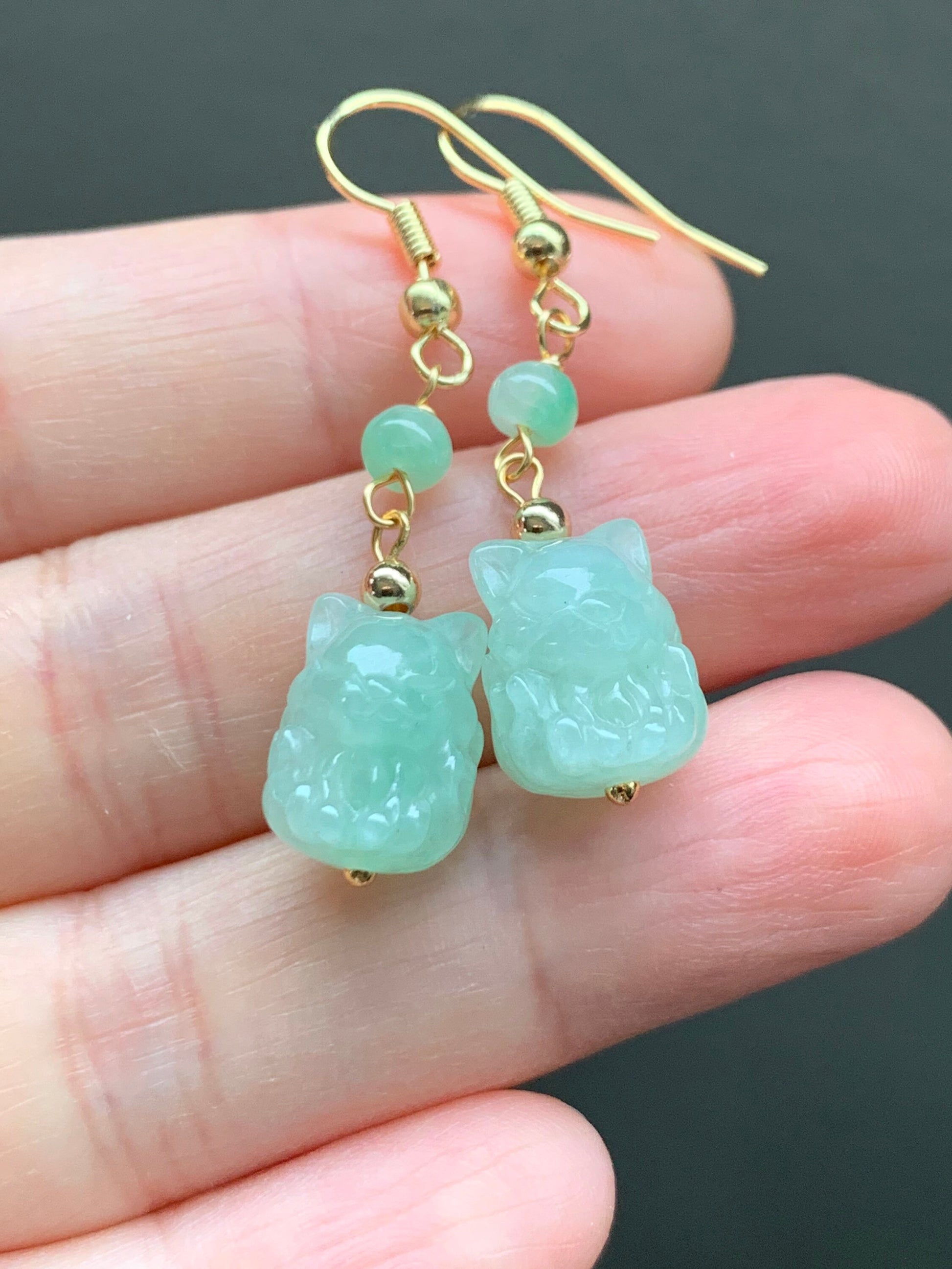 Natural Burmese Icy Translucent & Gelatinous Light Green Jadeite 3D Carved Nine-Tailed Fox Dangle Earrings 14K Gold Plated 天然缅甸冰晴翡翠九尾狐狸包金耳钩