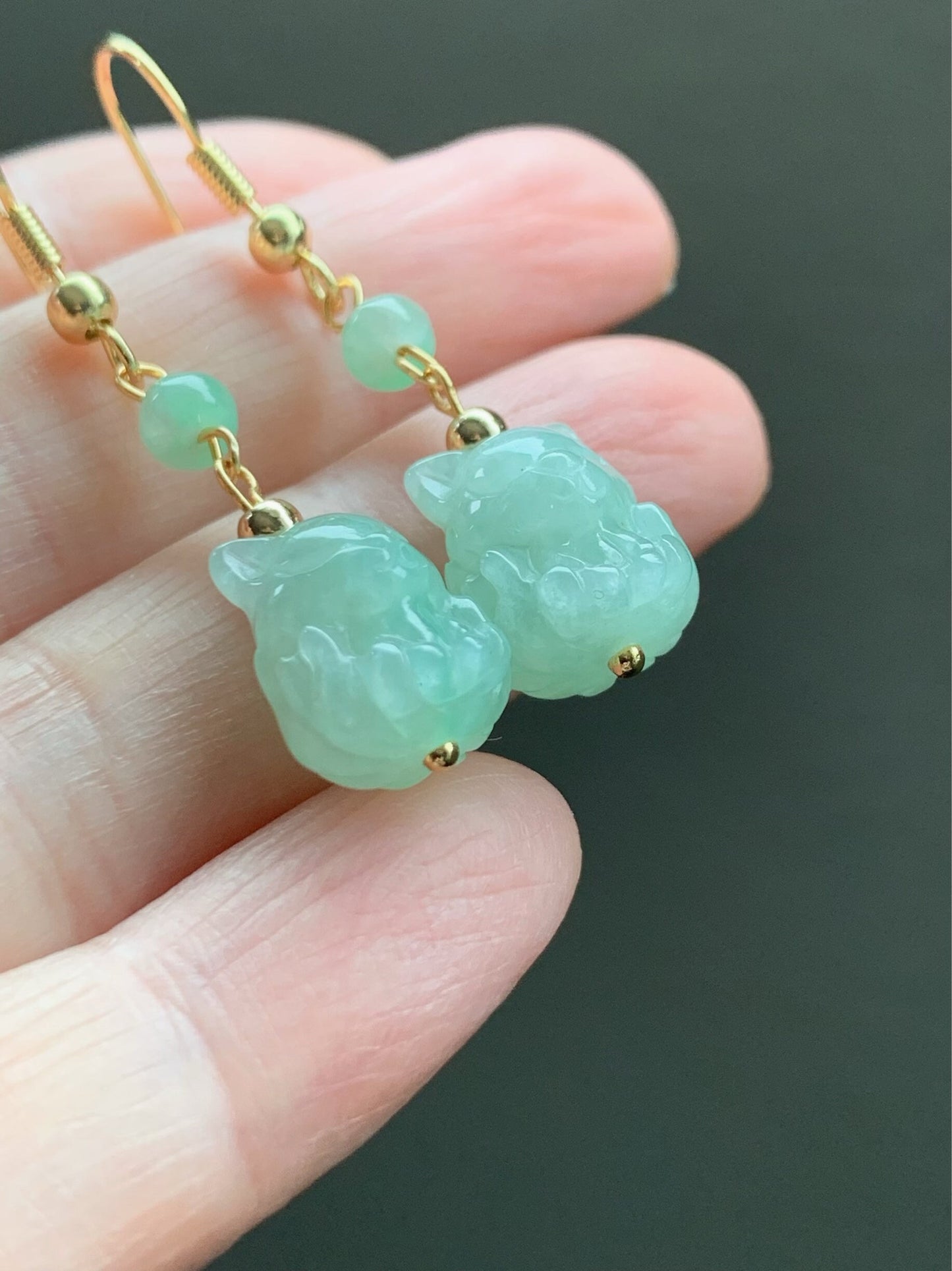 Natural Burmese Icy Translucent & Gelatinous Light Green Jadeite 3D Carved Nine-Tailed Fox Dangle Earrings 14K Gold Plated 天然缅甸冰晴翡翠九尾狐狸包金耳钩