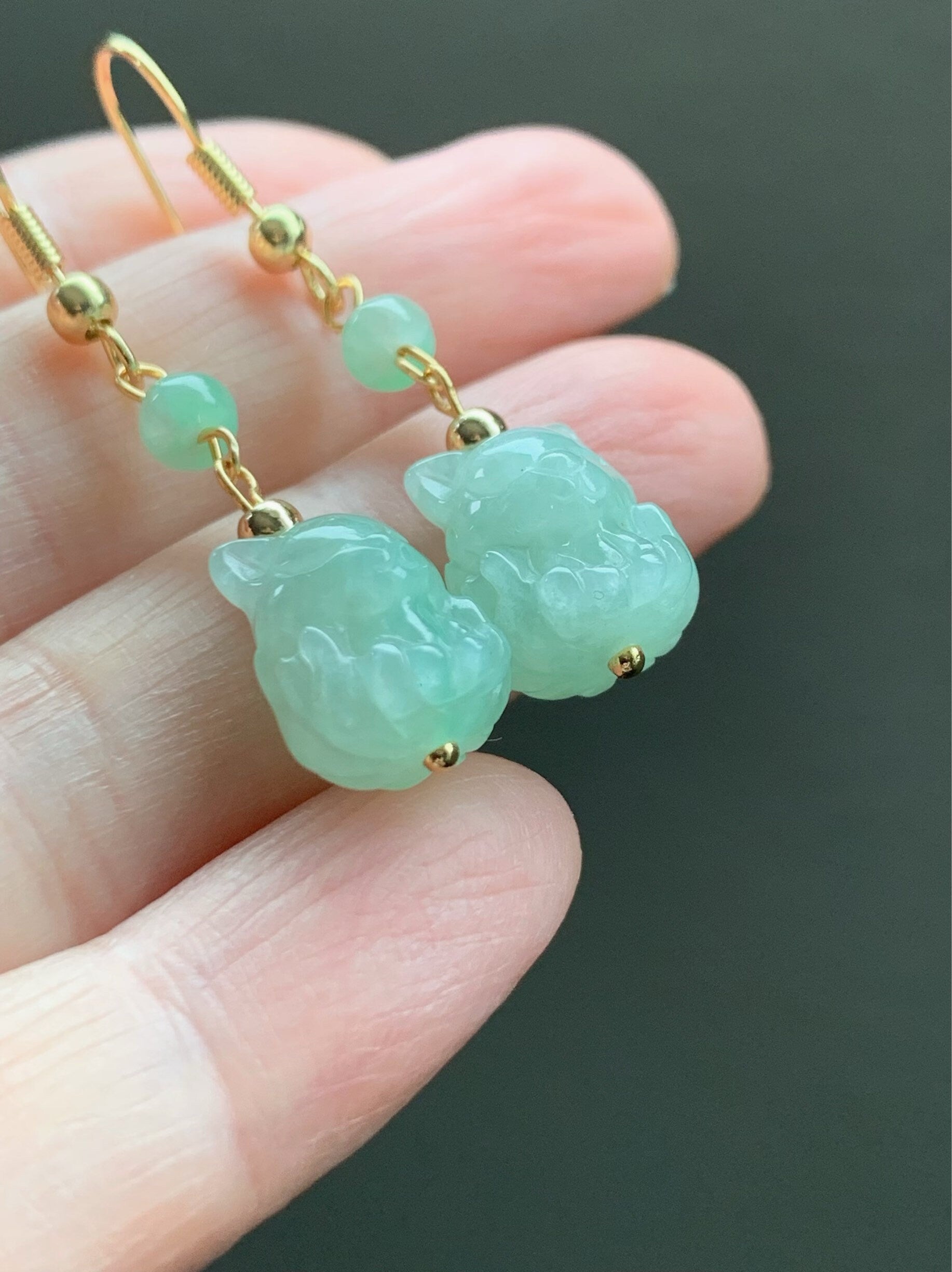 Natural Burmese Icy Translucent & Gelatinous Light Green Jadeite 3D Carved Nine-Tailed Fox Dangle Earrings 14K Gold Plated 天然缅甸冰晴翡翠九尾狐狸包金耳钩