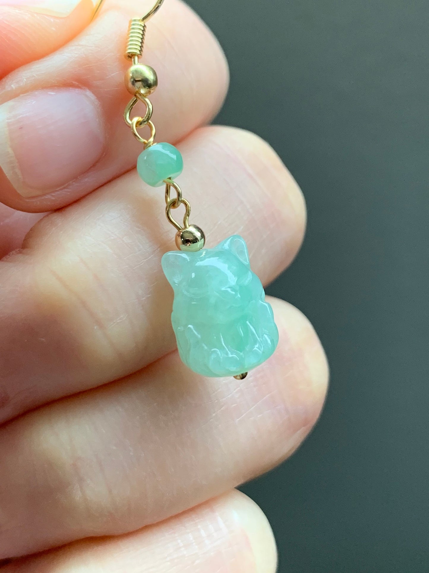 Natural Burmese Icy Translucent & Gelatinous Light Green Jadeite 3D Carved Nine-Tailed Fox Dangle Earrings 14K Gold Plated 天然缅甸冰晴翡翠九尾狐狸包金耳钩