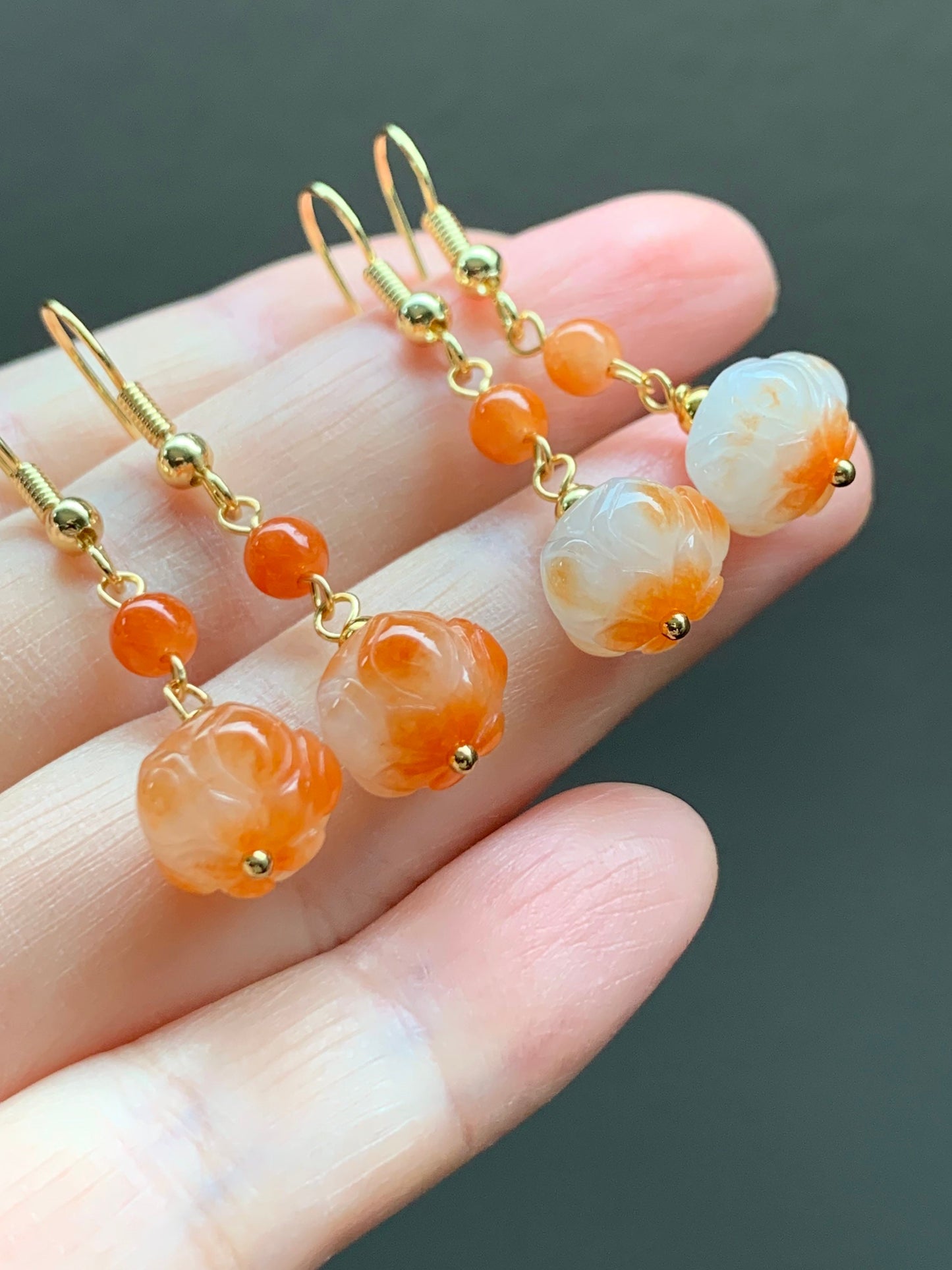 Genuine Burmese Icy Translucent Gelatinous White Jadeite w/ Red Marbling Lotus Flower Dangle Earrings 14K Gold Filled 缅甸冰胶烧红翡翠莲花包金耳钩