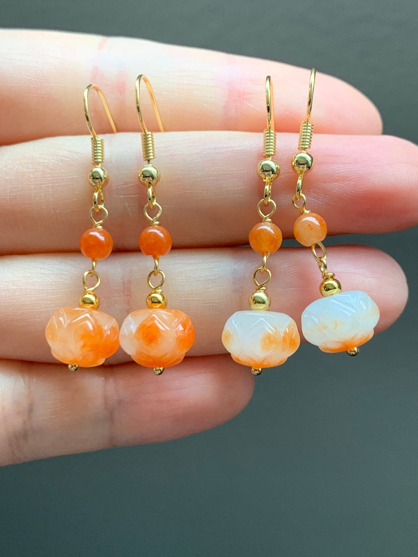 Genuine Burmese Icy Translucent Gelatinous White Jadeite w/ Red Marbling Lotus Flower Dangle Earrings 14K Gold Filled 缅甸冰胶烧红翡翠莲花包金耳钩