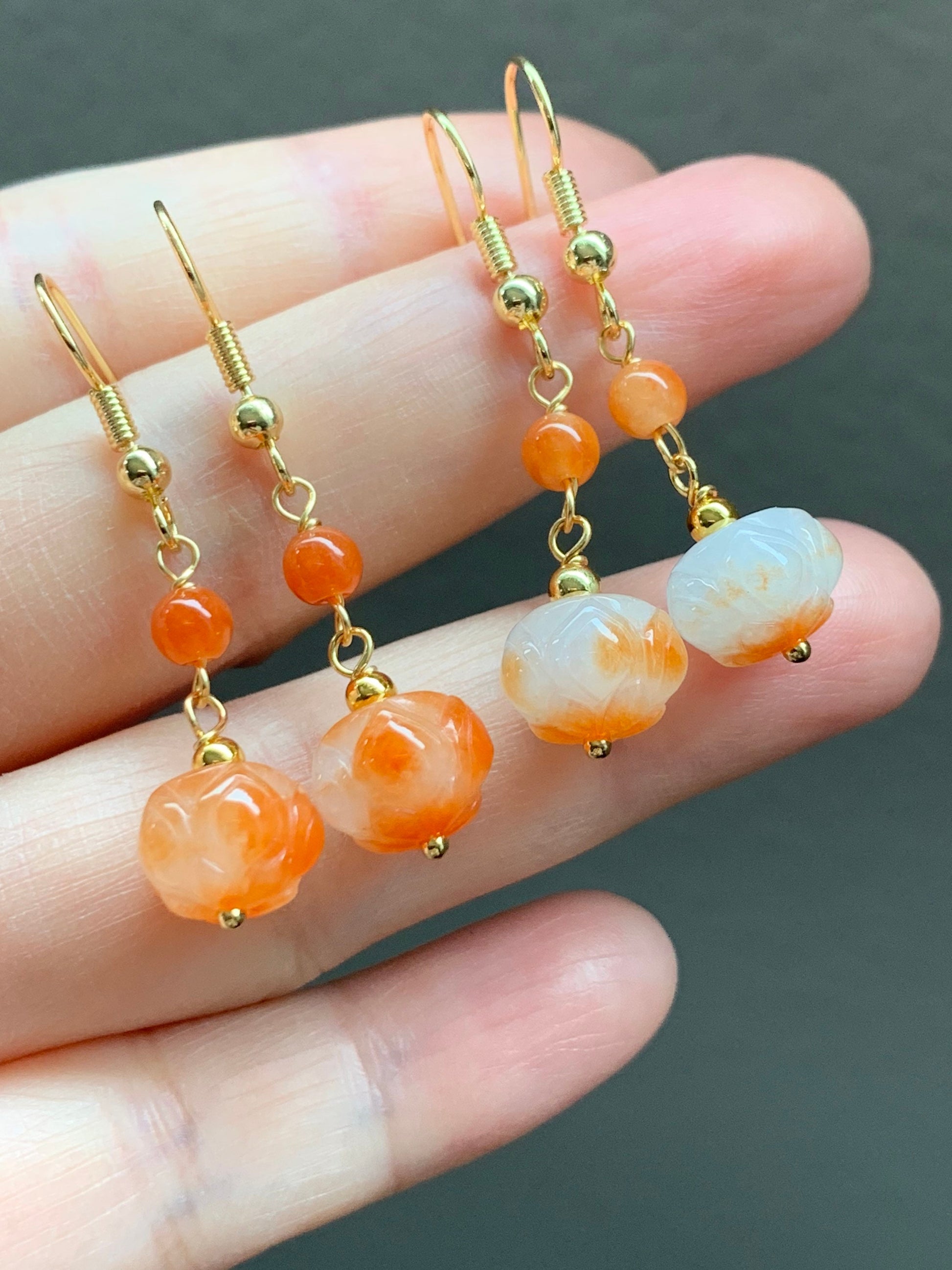 Genuine Burmese Icy Translucent Gelatinous White Jadeite w/ Red Marbling Lotus Flower Dangle Earrings 14K Gold Filled 缅甸冰胶烧红翡翠莲花包金耳钩