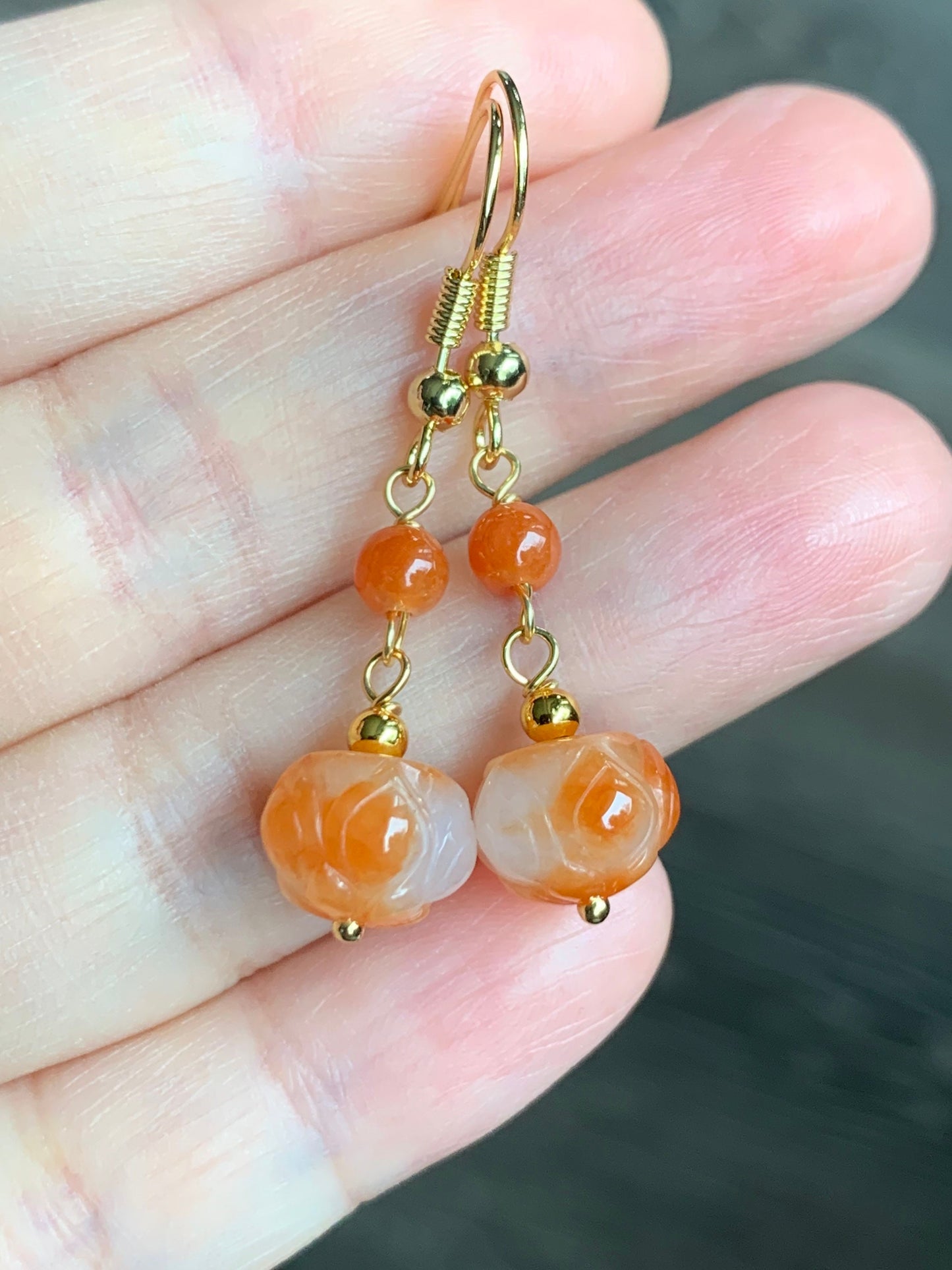Genuine Burmese Icy Translucent Gelatinous White Jadeite w/ Red Marbling Lotus Flower Dangle Earrings 14K Gold Filled 缅甸冰胶烧红翡翠莲花包金耳钩
