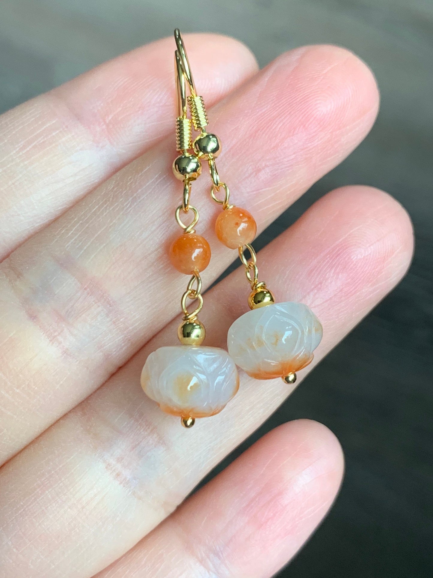 Genuine Burmese Icy Translucent Gelatinous White Jadeite w/ Red Marbling Lotus Flower Dangle Earrings 14K Gold Filled 缅甸冰胶烧红翡翠莲花包金耳钩