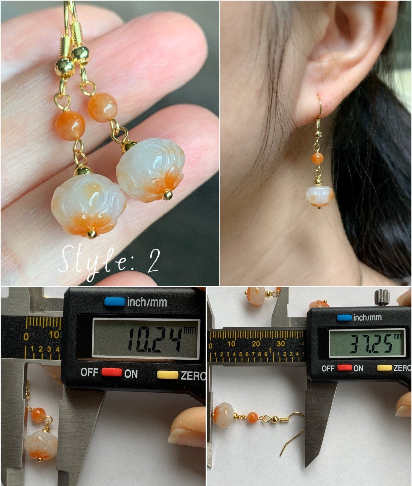 Genuine Burmese Icy Translucent Gelatinous White Jadeite w/ Red Marbling Lotus Flower Dangle Earrings 14K Gold Filled 缅甸冰胶烧红翡翠莲花包金耳钩