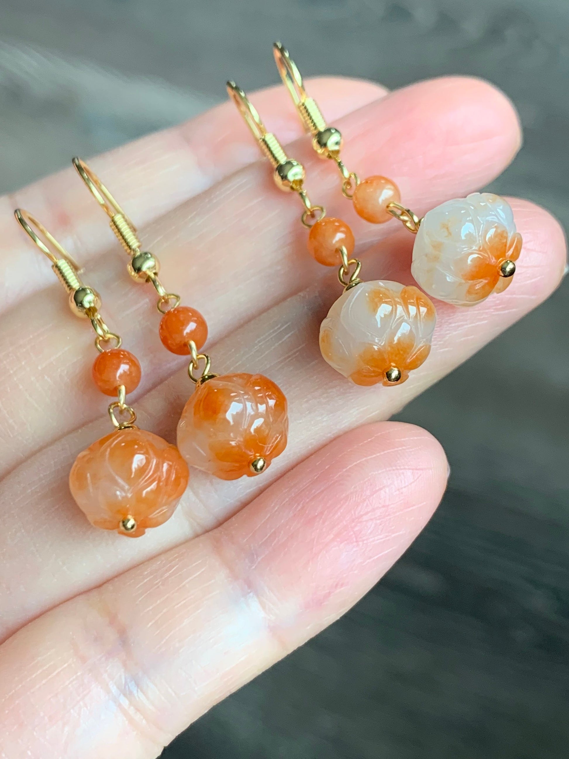 Genuine Burmese Icy Translucent Gelatinous White Jadeite w/ Red Marbling Lotus Flower Dangle Earrings 14K Gold Filled 缅甸冰胶烧红翡翠莲花包金耳钩