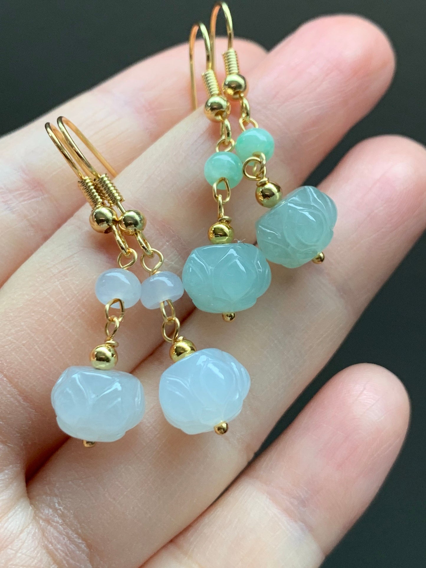 Natural Burmese Icy Translucent Gelatinous White & Green Jadeite Carved Lotus Flower Dangle Earrings 14K Gold Filled 天然缅甸冰胶翡翠莲花珠耳钩