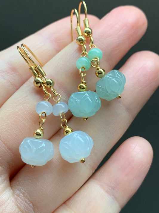 Natural Burmese Icy Translucent Gelatinous White & Green Jadeite Carved Lotus Flower Dangle Earrings 14K Gold Filled 天然缅甸冰胶翡翠莲花珠耳钩