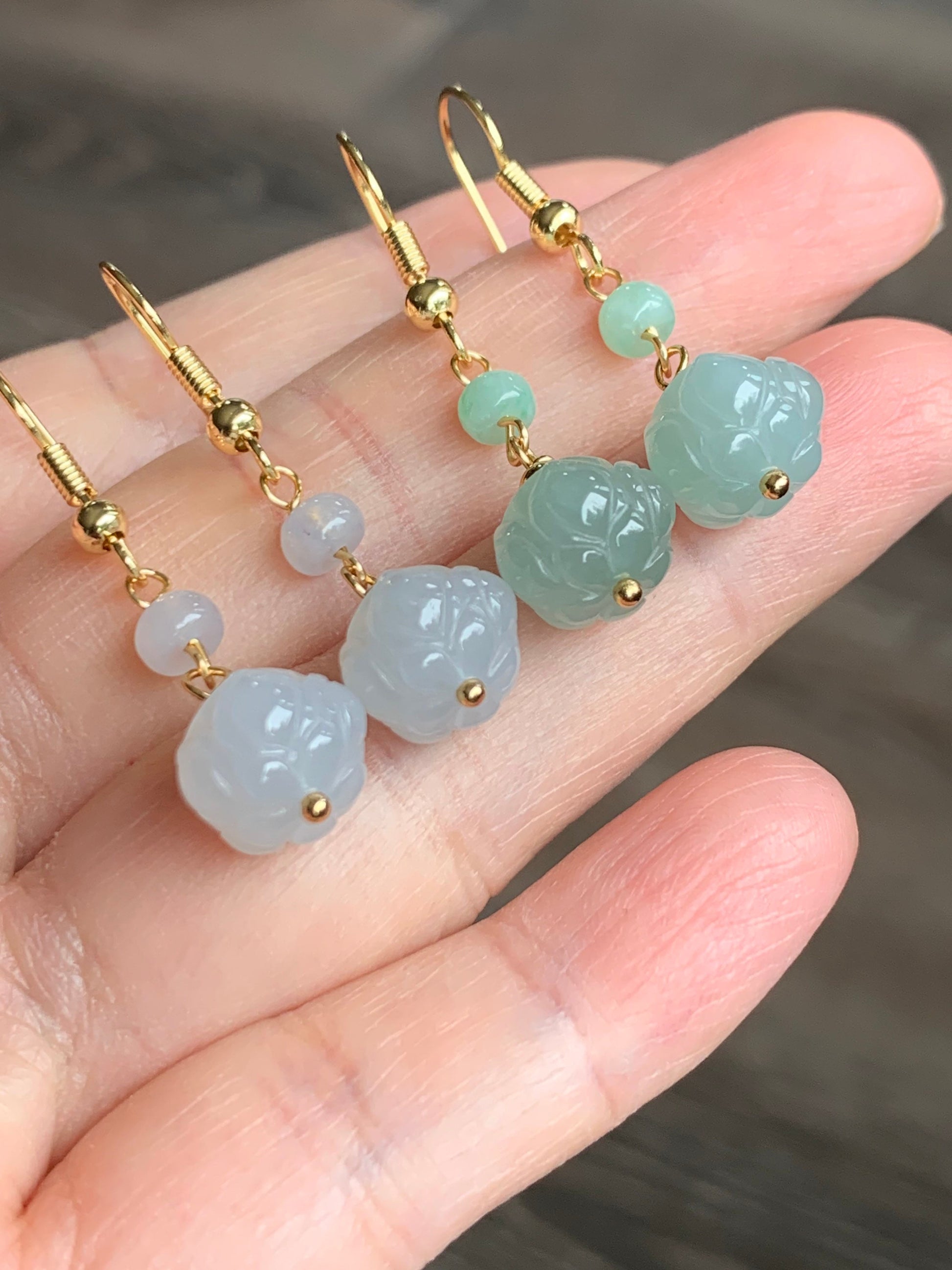 Natural Burmese Icy Translucent Gelatinous White & Green Jadeite Carved Lotus Flower Dangle Earrings 14K Gold Filled 天然缅甸冰胶翡翠莲花珠耳钩