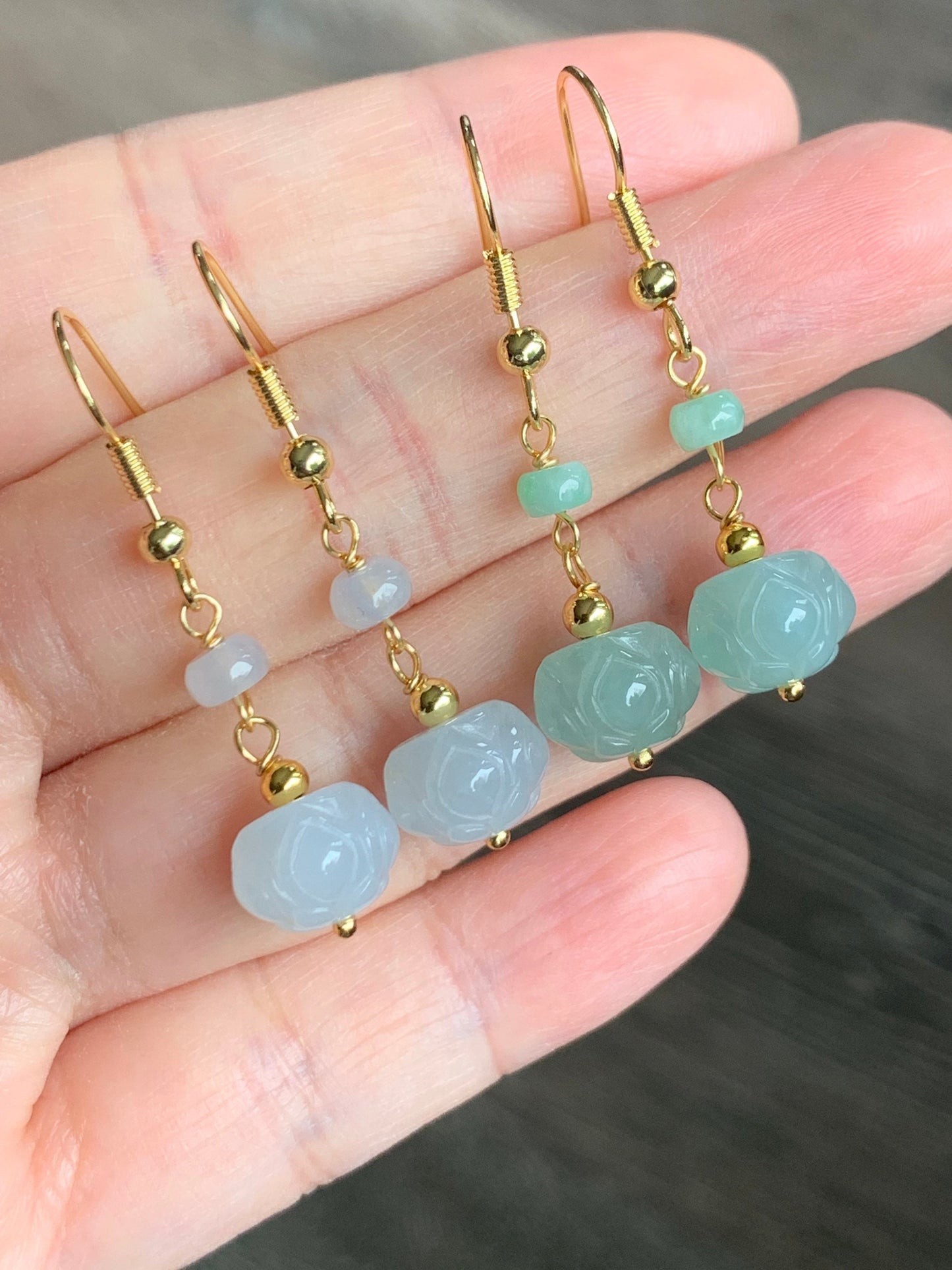 Natural Burmese Icy Translucent Gelatinous White & Green Jadeite Carved Lotus Flower Dangle Earrings 14K Gold Filled 天然缅甸冰胶翡翠莲花珠耳钩