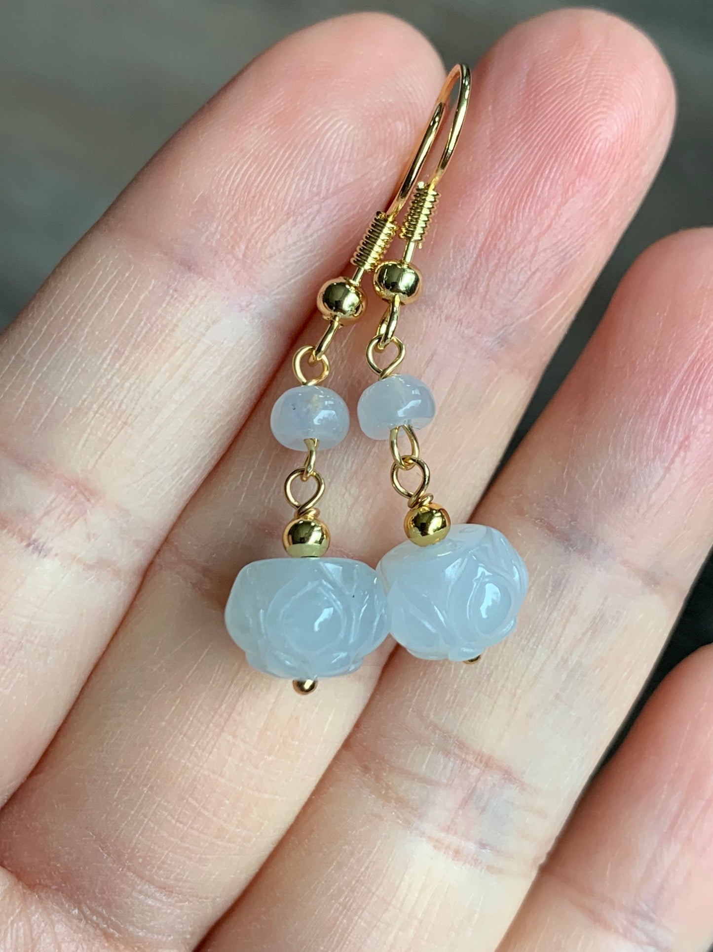 Natural Burmese Icy Translucent Gelatinous White & Green Jadeite Carved Lotus Flower Dangle Earrings 14K Gold Filled 天然缅甸冰胶翡翠莲花珠耳钩