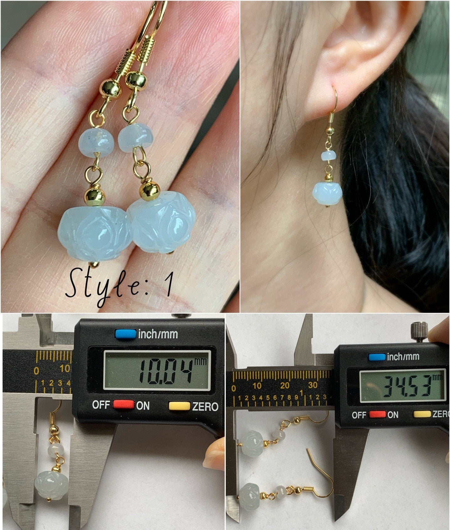 Natural Burmese Icy Translucent Gelatinous White & Green Jadeite Carved Lotus Flower Dangle Earrings 14K Gold Filled 天然缅甸冰胶翡翠莲花珠耳钩
