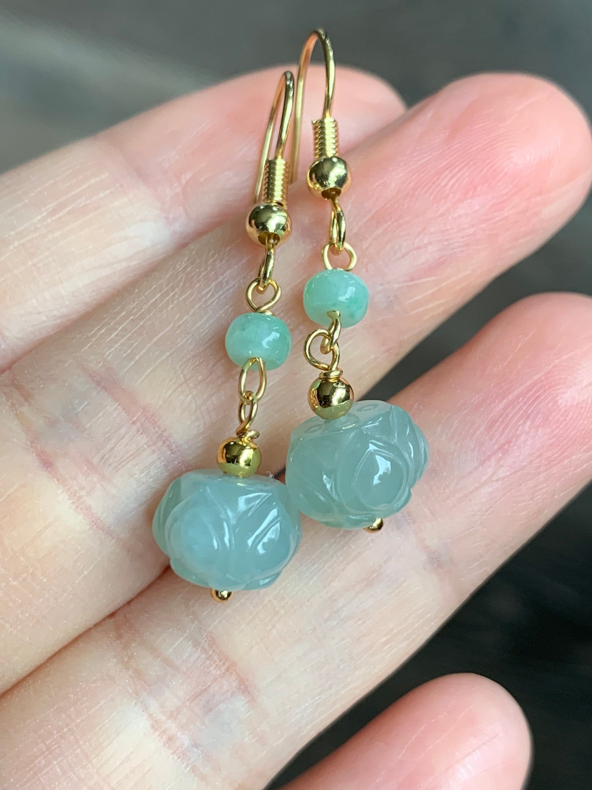 Natural Burmese Icy Translucent Gelatinous White & Green Jadeite Carved Lotus Flower Dangle Earrings 14K Gold Filled 天然缅甸冰胶翡翠莲花珠耳钩